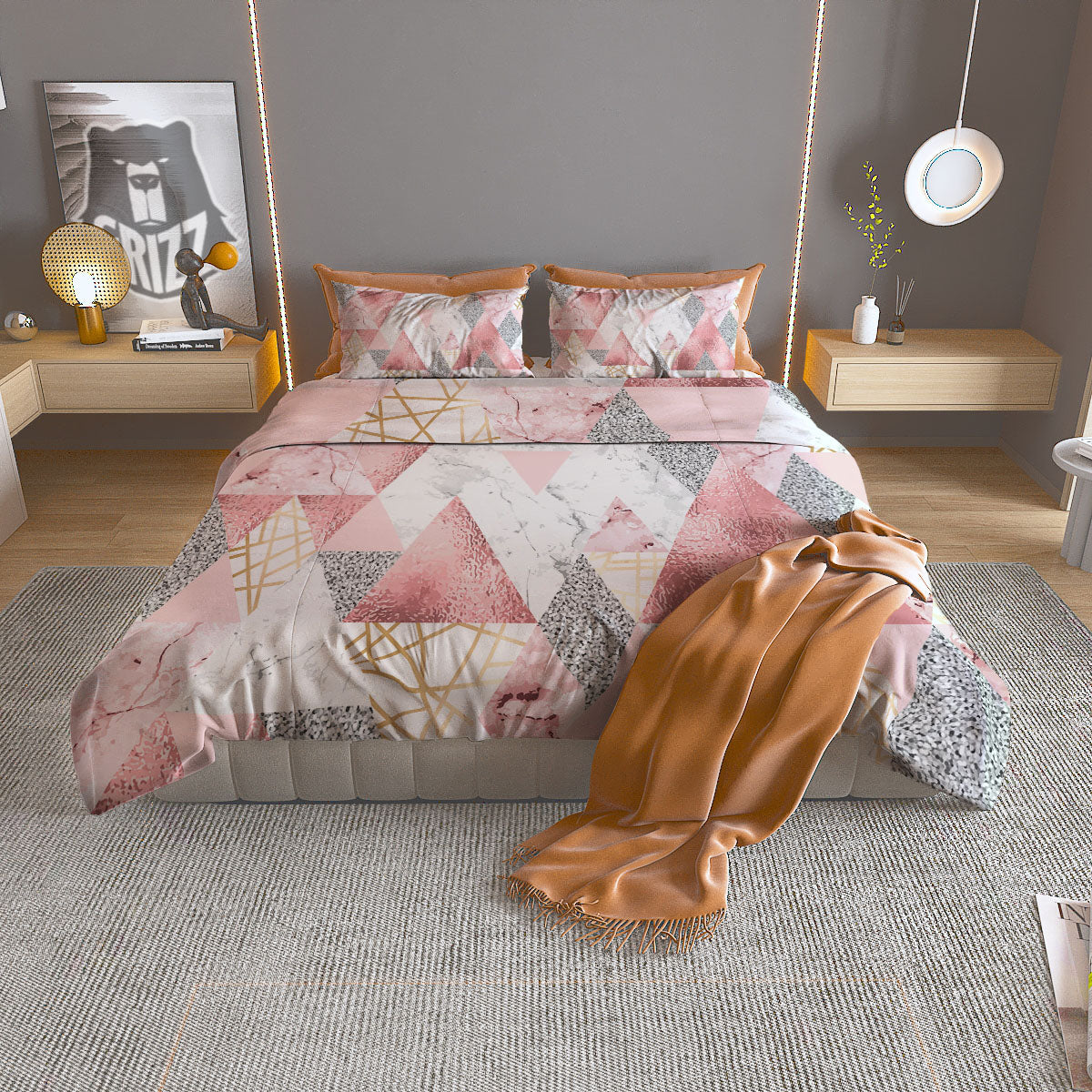 Polygonal Geometric Pink Print Duvet Cover Bedding Set
