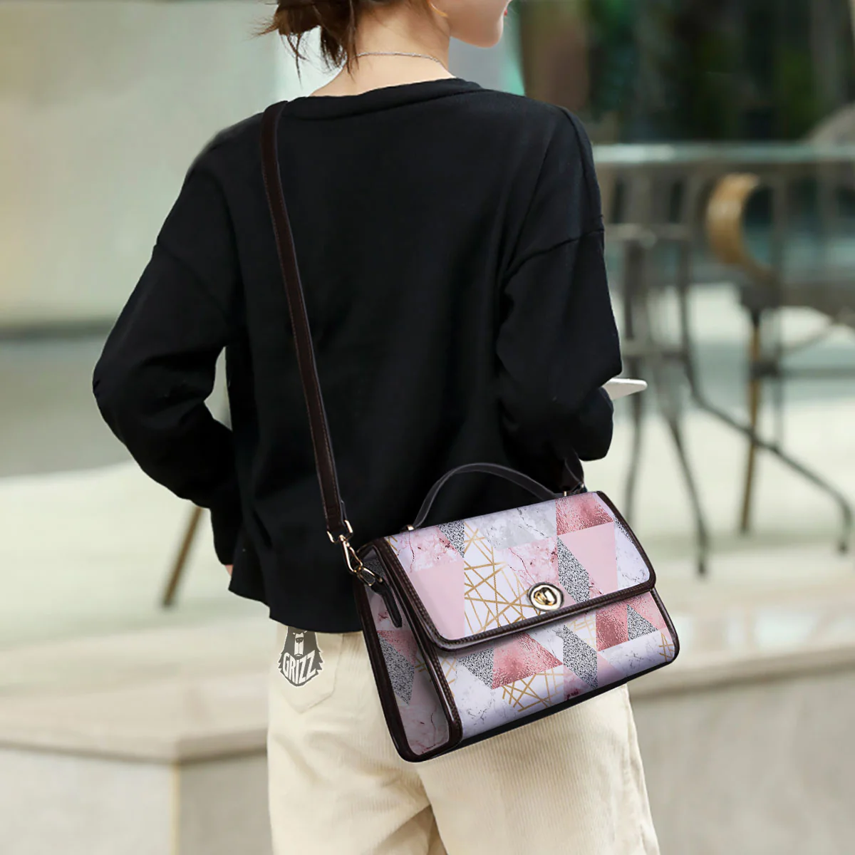 Polygonal Geometric Pink Print Women's Satchel Bag - Image 3