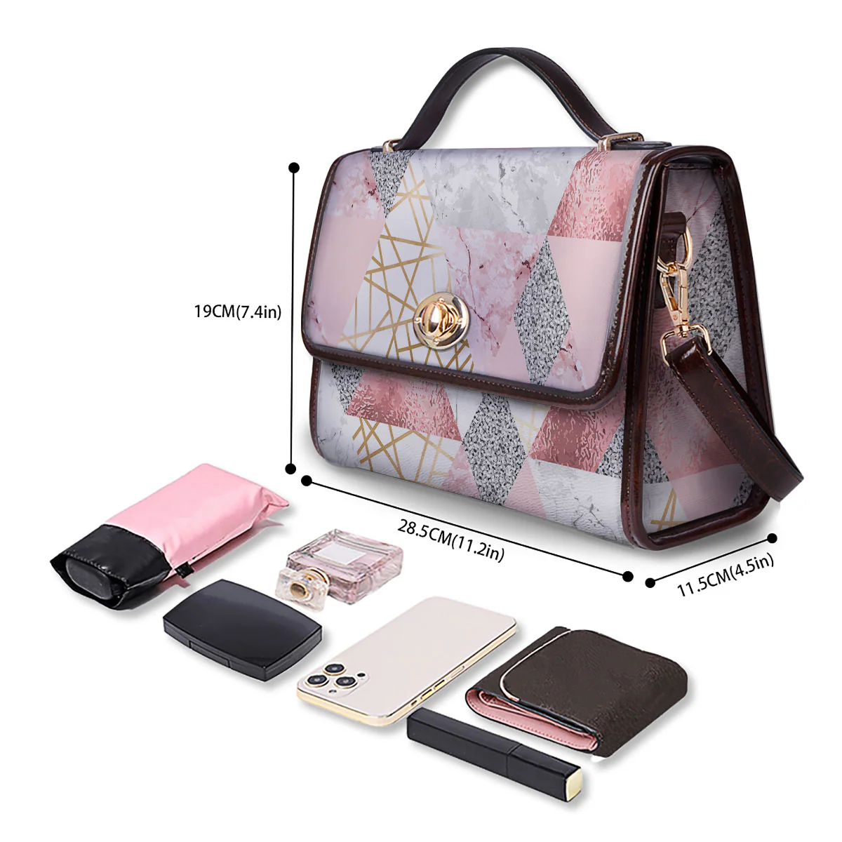 Polygonal Geometric Pink Print Women's Satchel Bag - Image 4