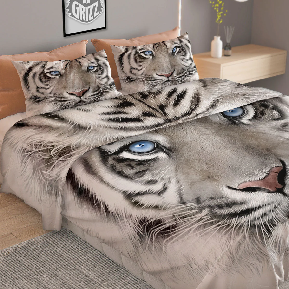 Portrait White Tiger Print Duvet Cover Bedding Set - Image 2
