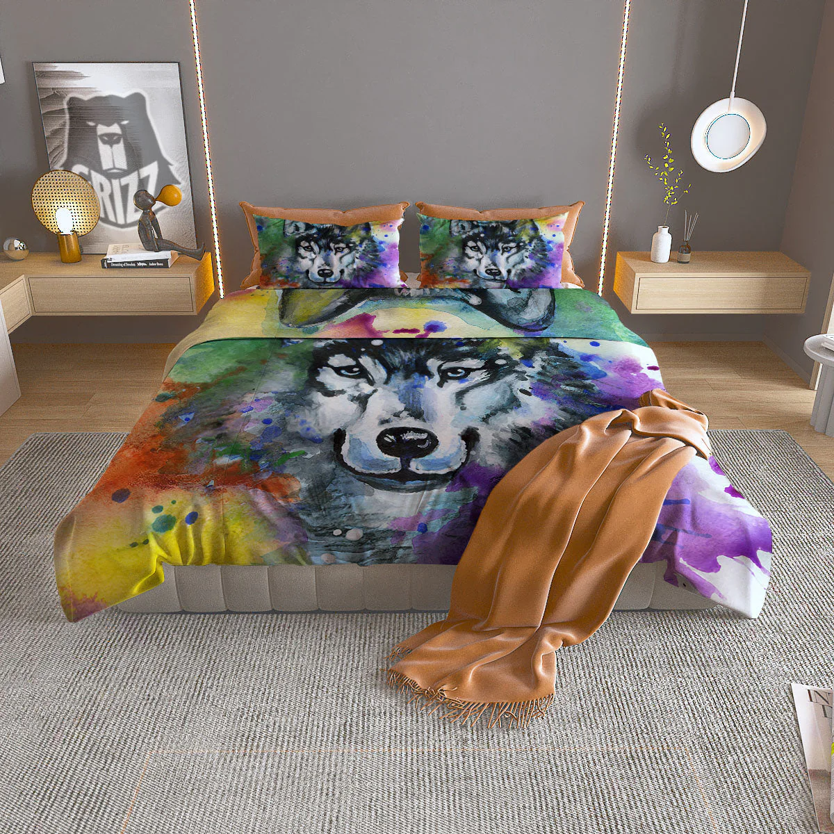 Portrait Wolf Watercolor Print Duvet Cover Bedding Set