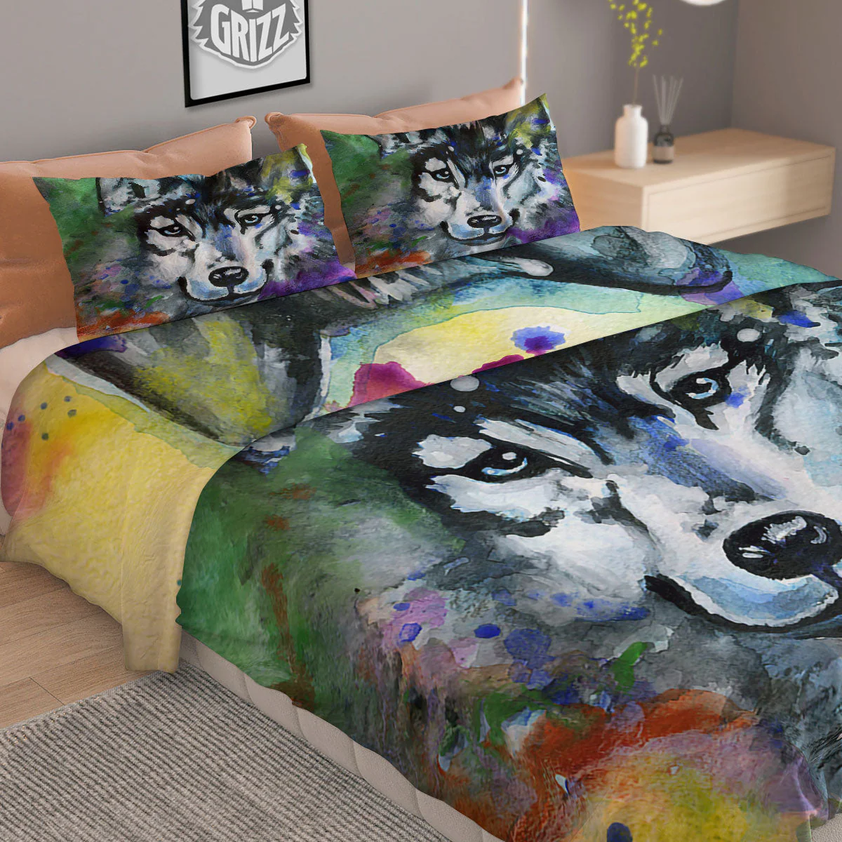 Portrait Wolf Watercolor Print Duvet Cover Bedding Set - Image 2
