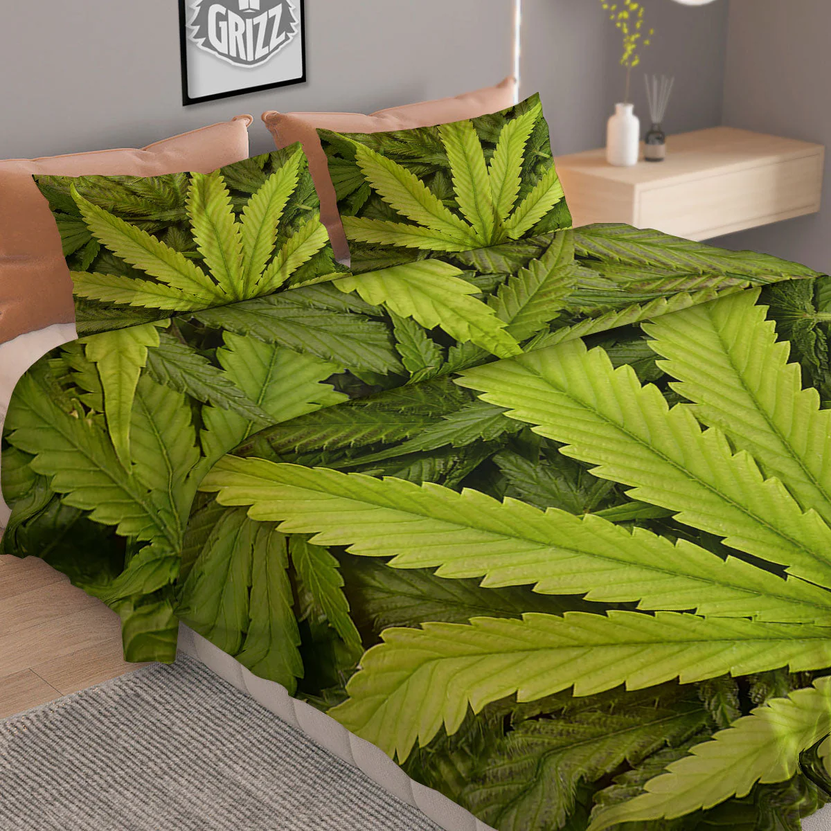 Pot Leaf Green Print Duvet Cover Bedding Set - Image 2