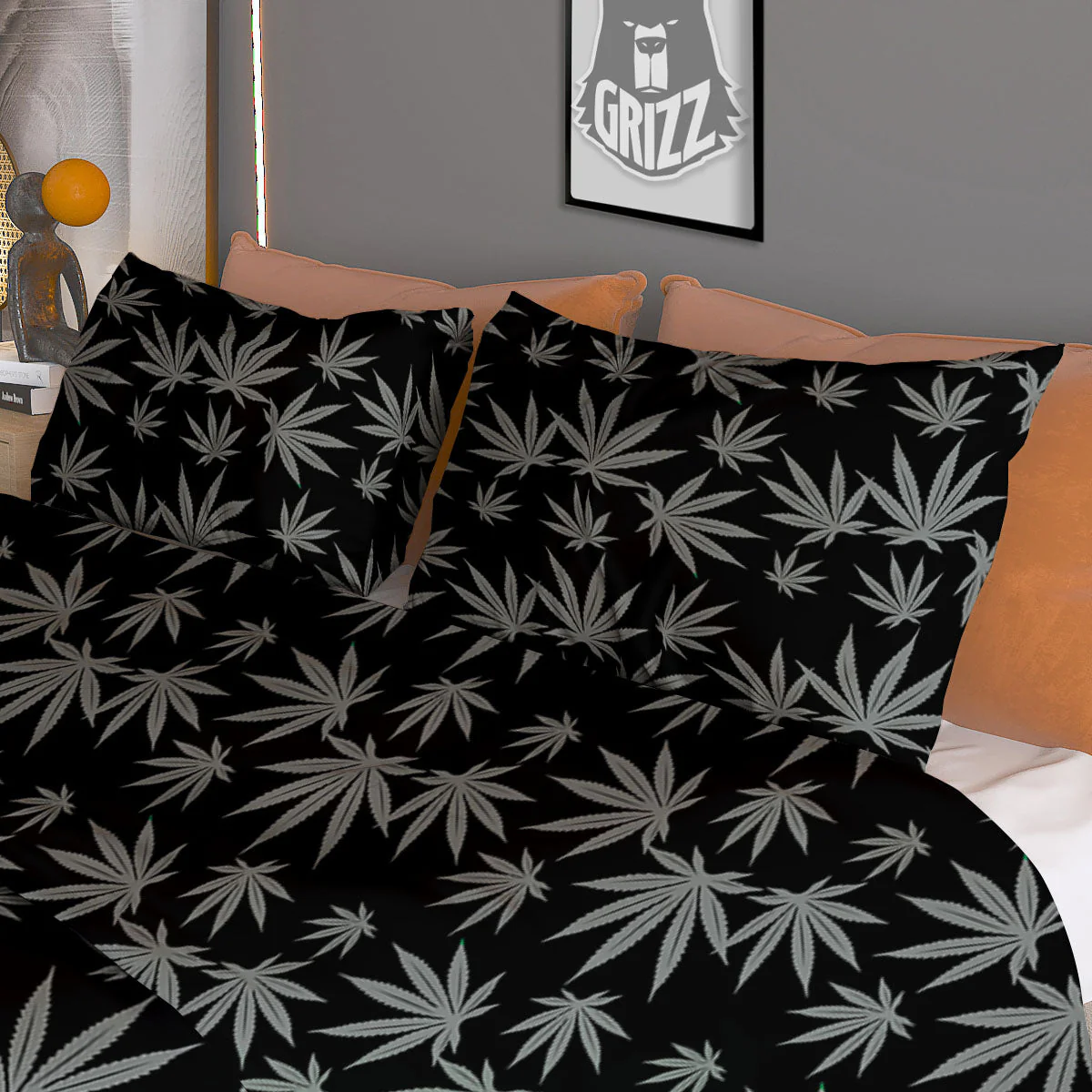 Pot Leaf Grey And Black Print Pattern Duvet Cover Bedding Set - Image 3