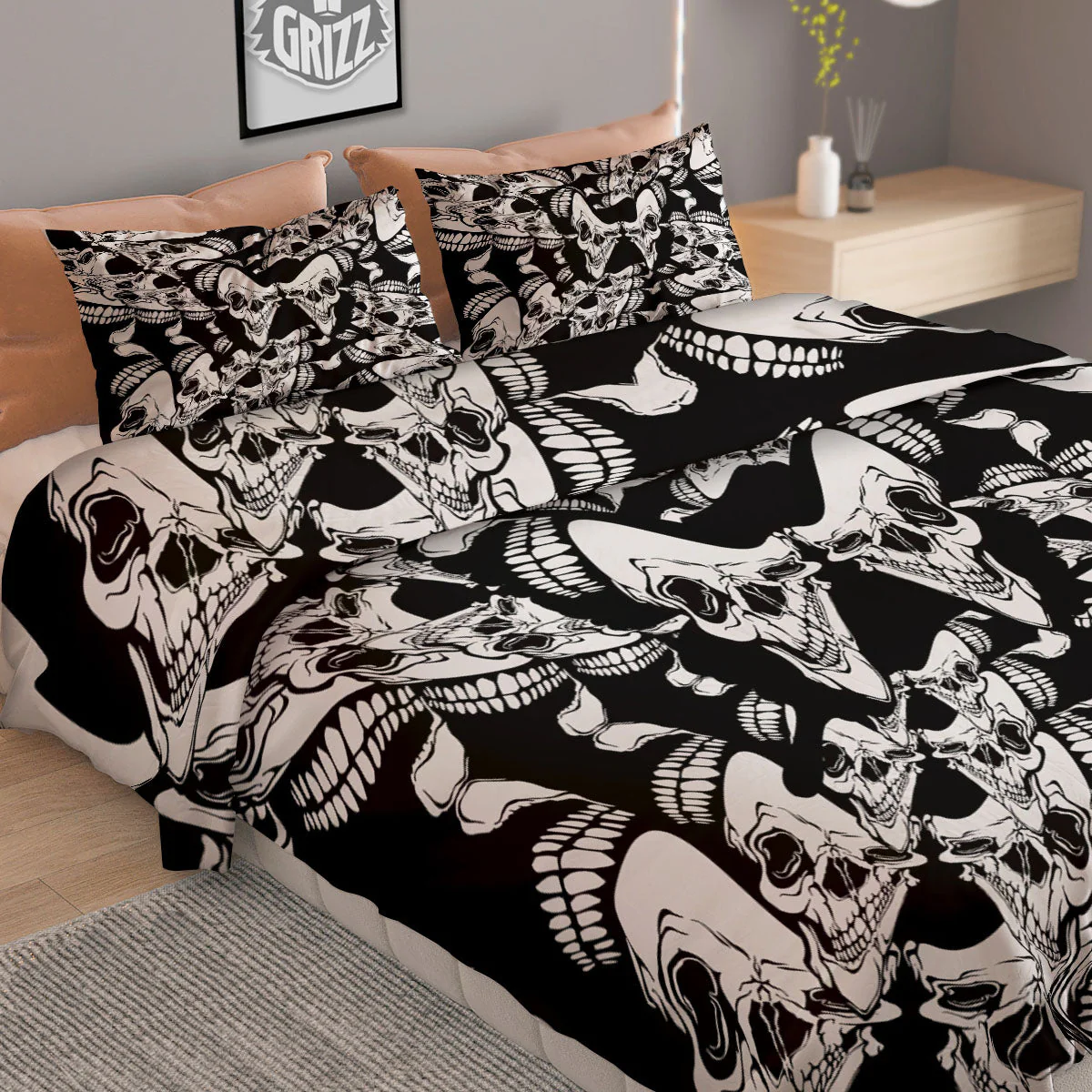 Psychedelic Black And White Skull Print Duvet Cover Bedding Set - Image 2