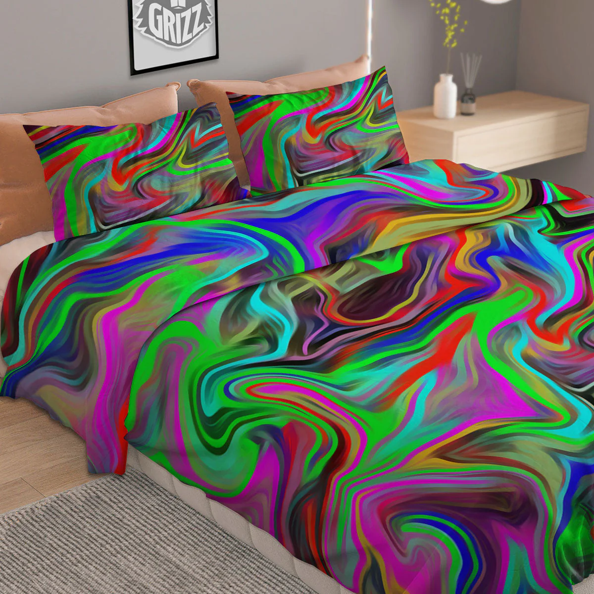 Psychedelic Trippy Neon Green Print Duvet Cover Bedding Set - Image 2