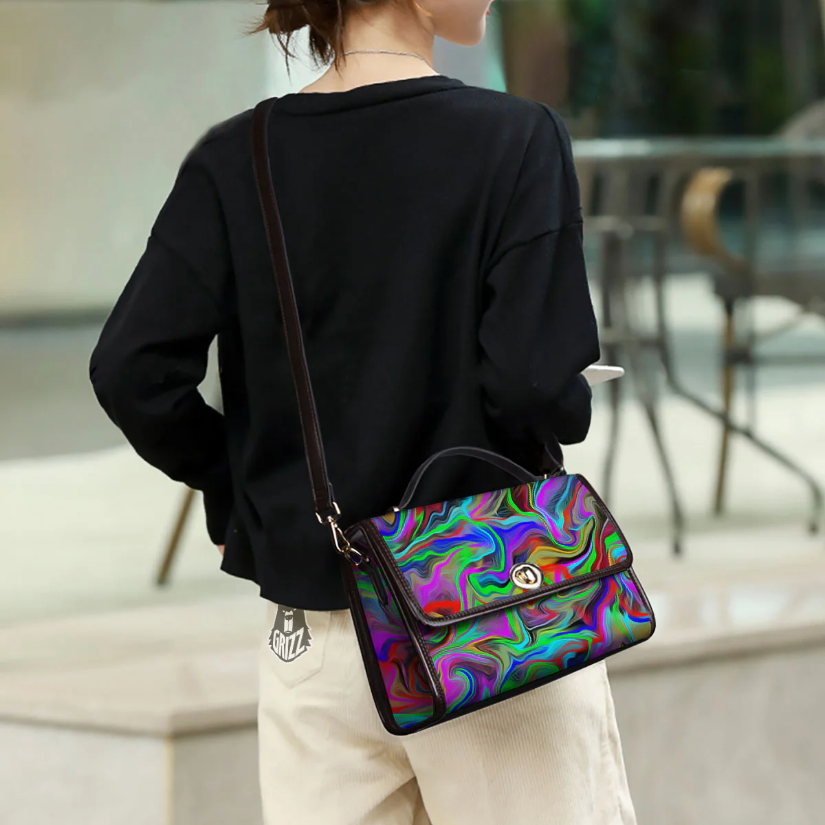 Psychedelic Trippy Neon Green Print Women's Satchel Bag - Image 3