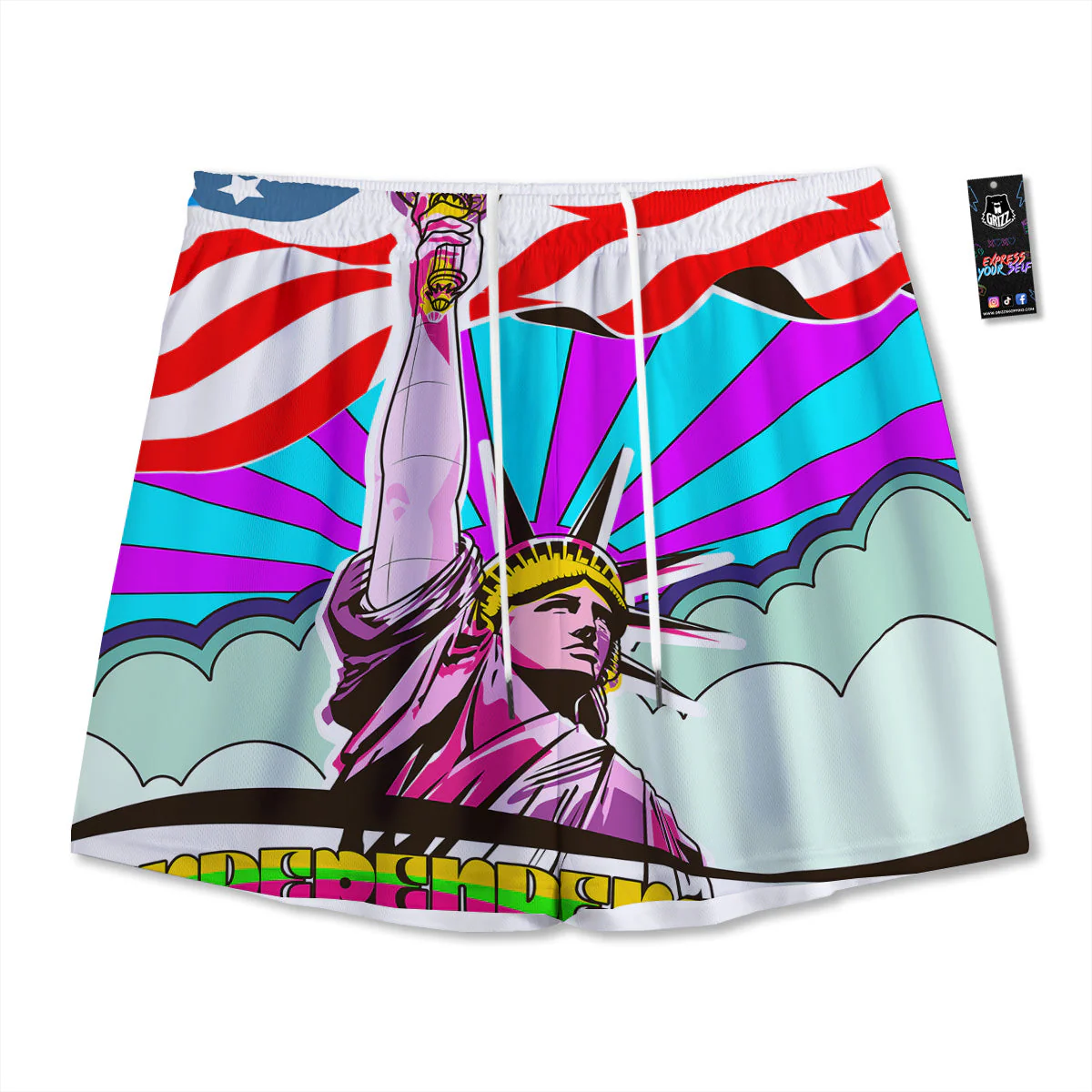 Psychedelic USA Statue of Liberty Independence Day Print Mesh Shorts