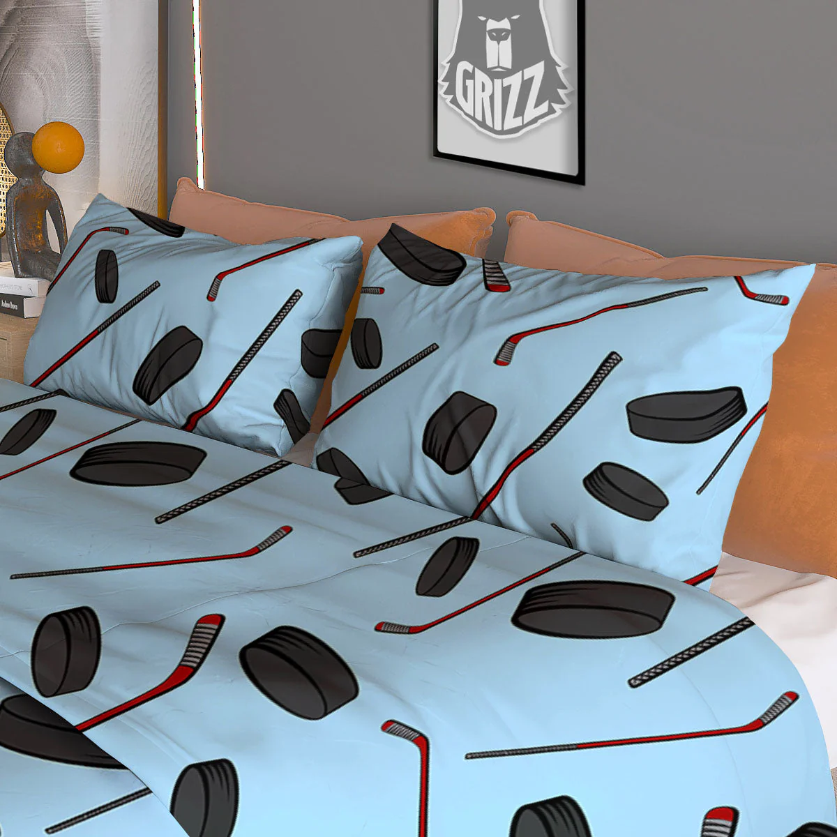 Puck And Hockey Stick Print Pattern Duvet Cover Bedding Set - Image 3