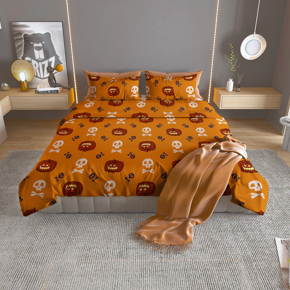 Pumkin And Skull Halloween Print Pattern Duvet Cover Bedding Set