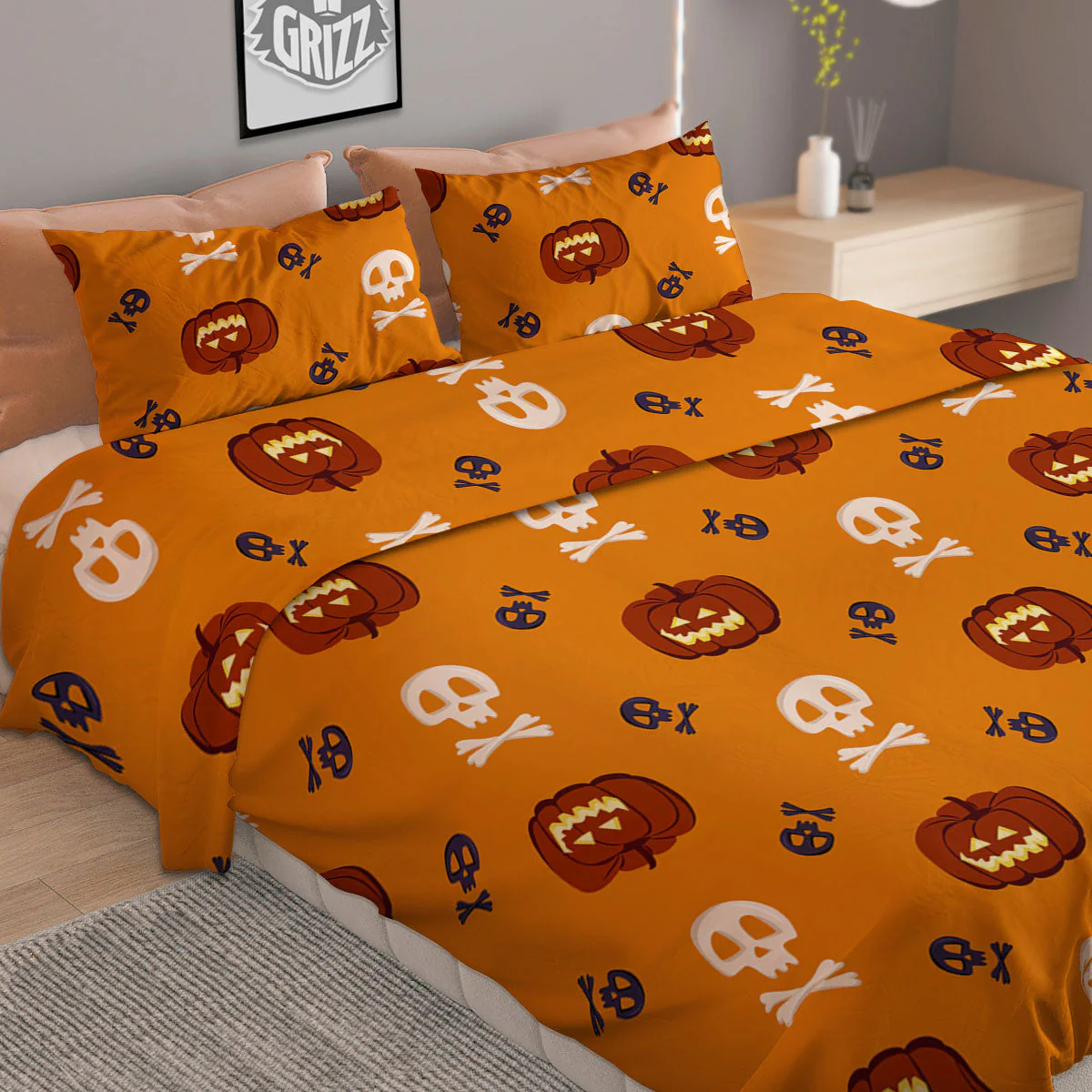 Pumkin And Skull Halloween Print Pattern Duvet Cover Bedding Set - Image 2