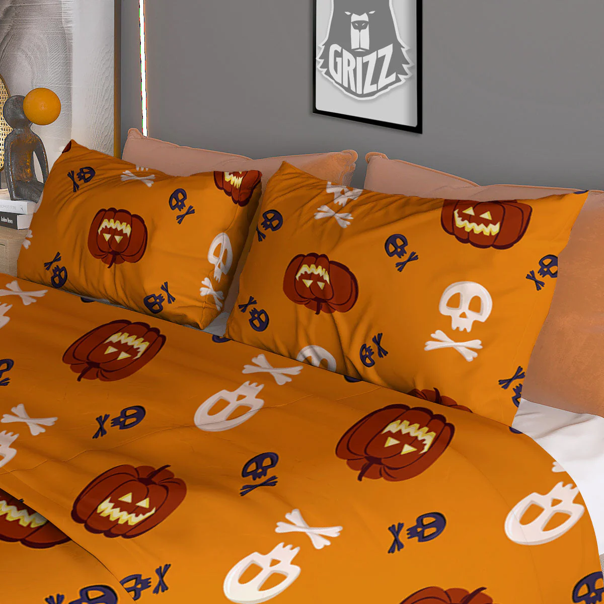 Pumkin And Skull Halloween Print Pattern Duvet Cover Bedding Set - Image 3