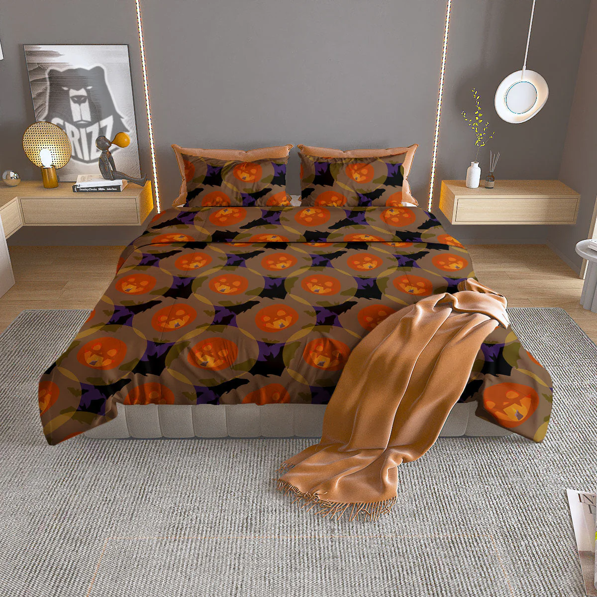 Pumkin Bat Halloween Print Pattern Duvet Cover Bedding Set