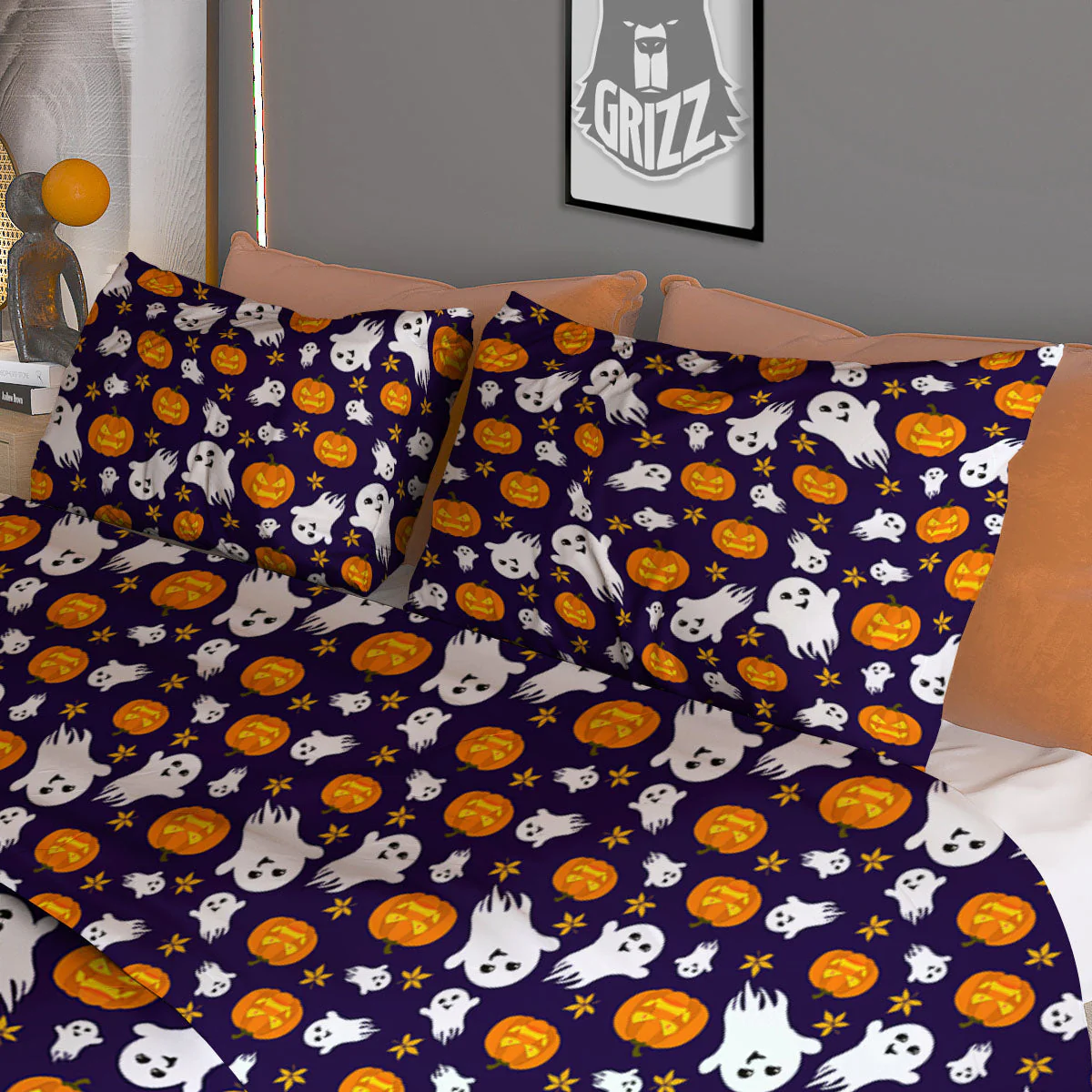 Pumpkin And Ghost Print Pattern Duvet Cover Bedding Set - Image 3