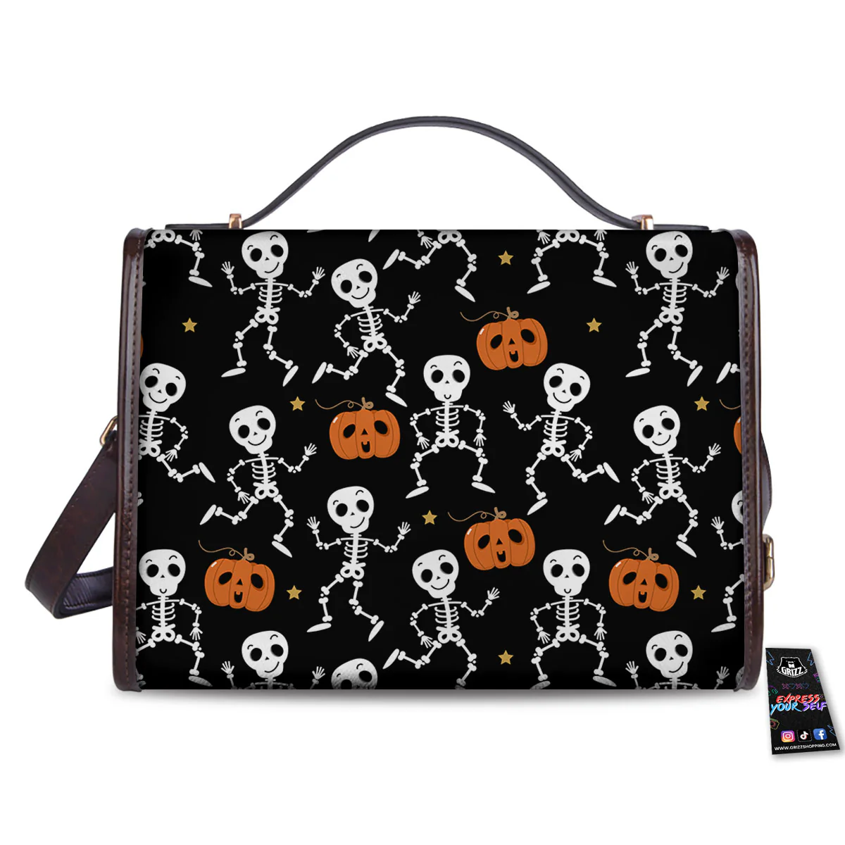 Pumpkin And Skeleton Halloween Print Women's Satchel Bag - Image 2