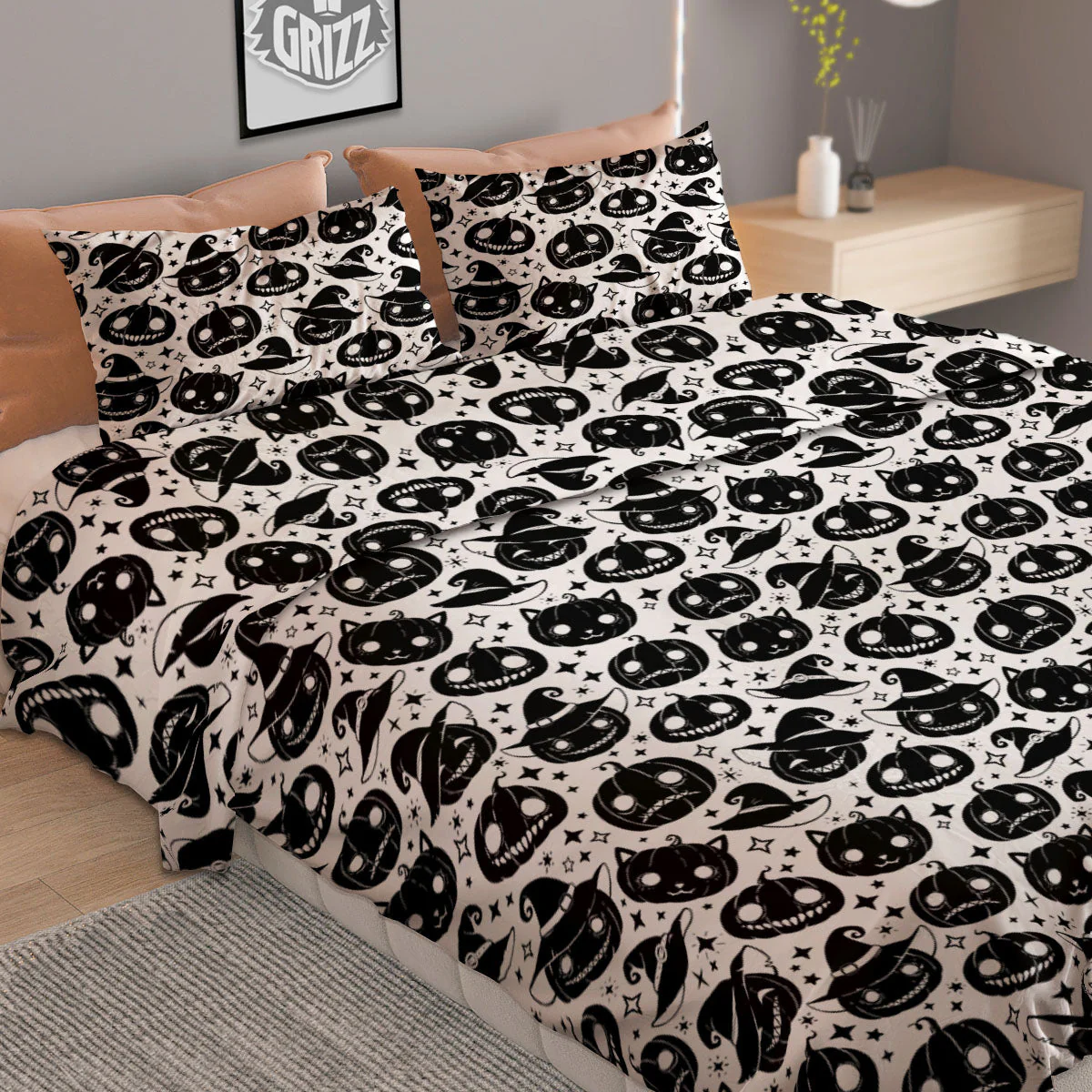 Pumpkin Black Halloween Print Pattern Duvet Cover Bedding Set - Image 2