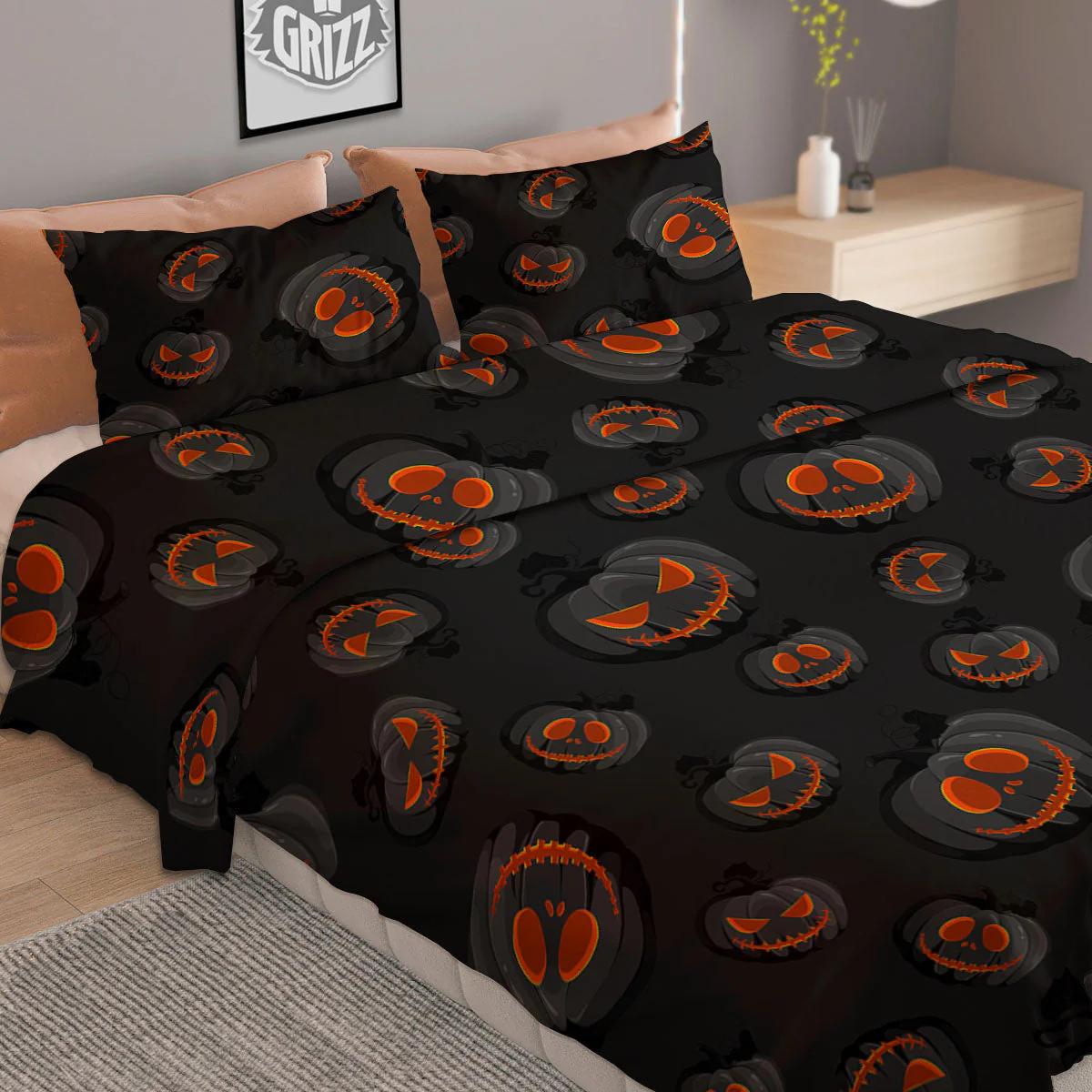 Pumpkin Jack O' Lantern Halloween Print Duvet Cover Bedding Set - Image 2