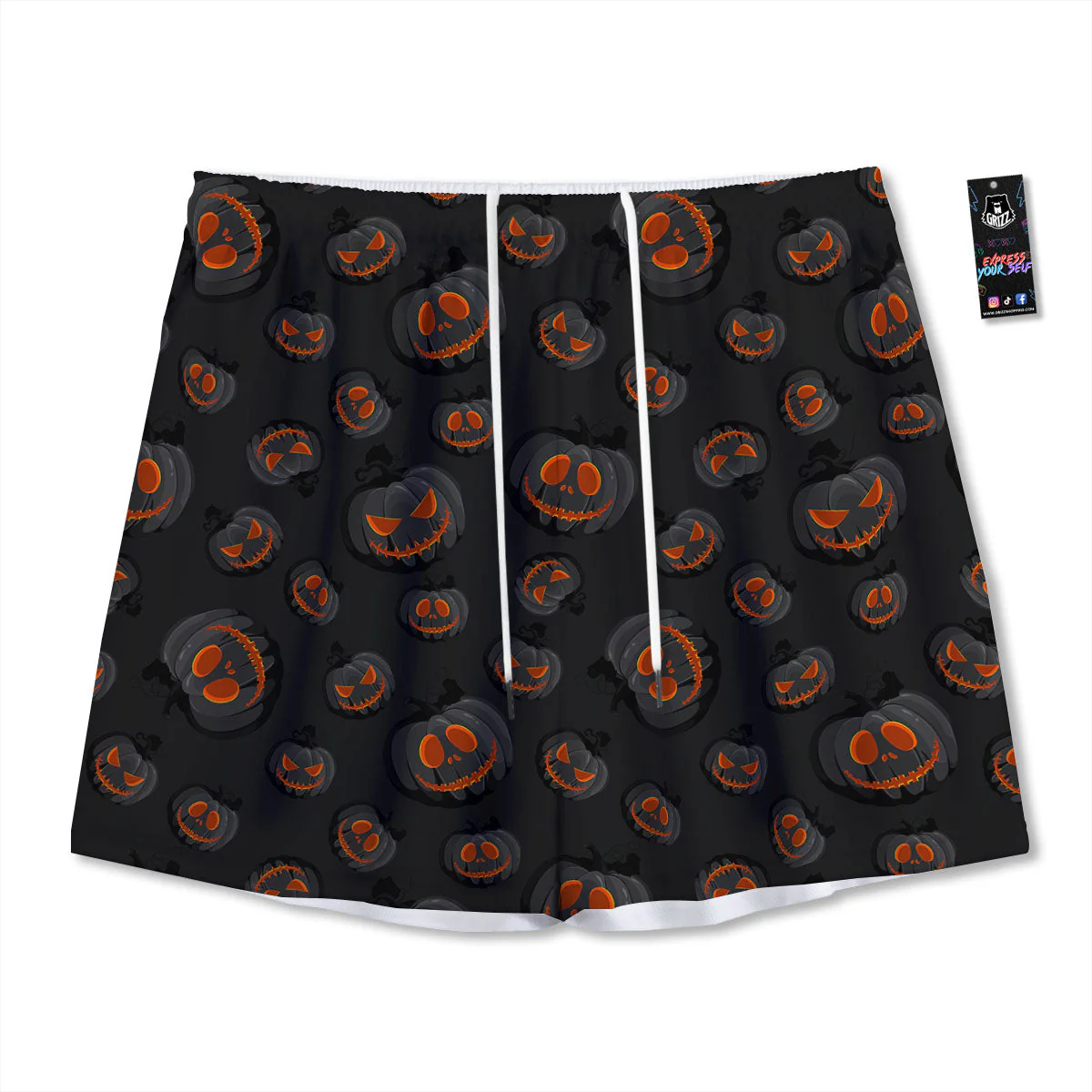 Pumpkin Jack O' Lantern Halloween Print Mesh Shorts