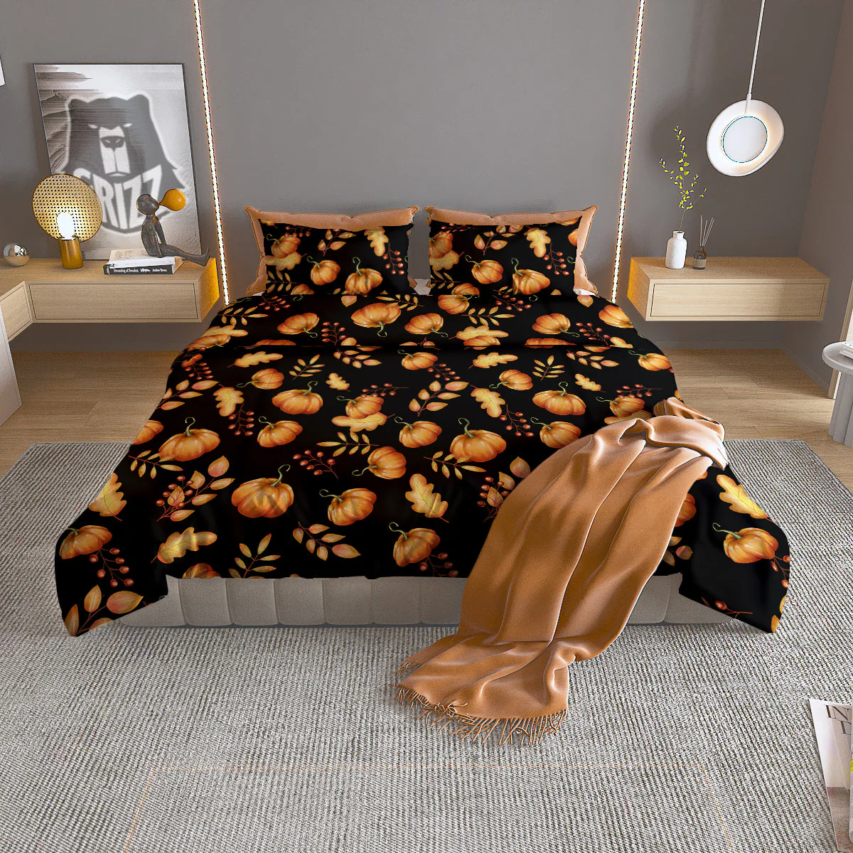 Pumpkin Watercolor Print Pattern Duvet Cover Bedding Set
