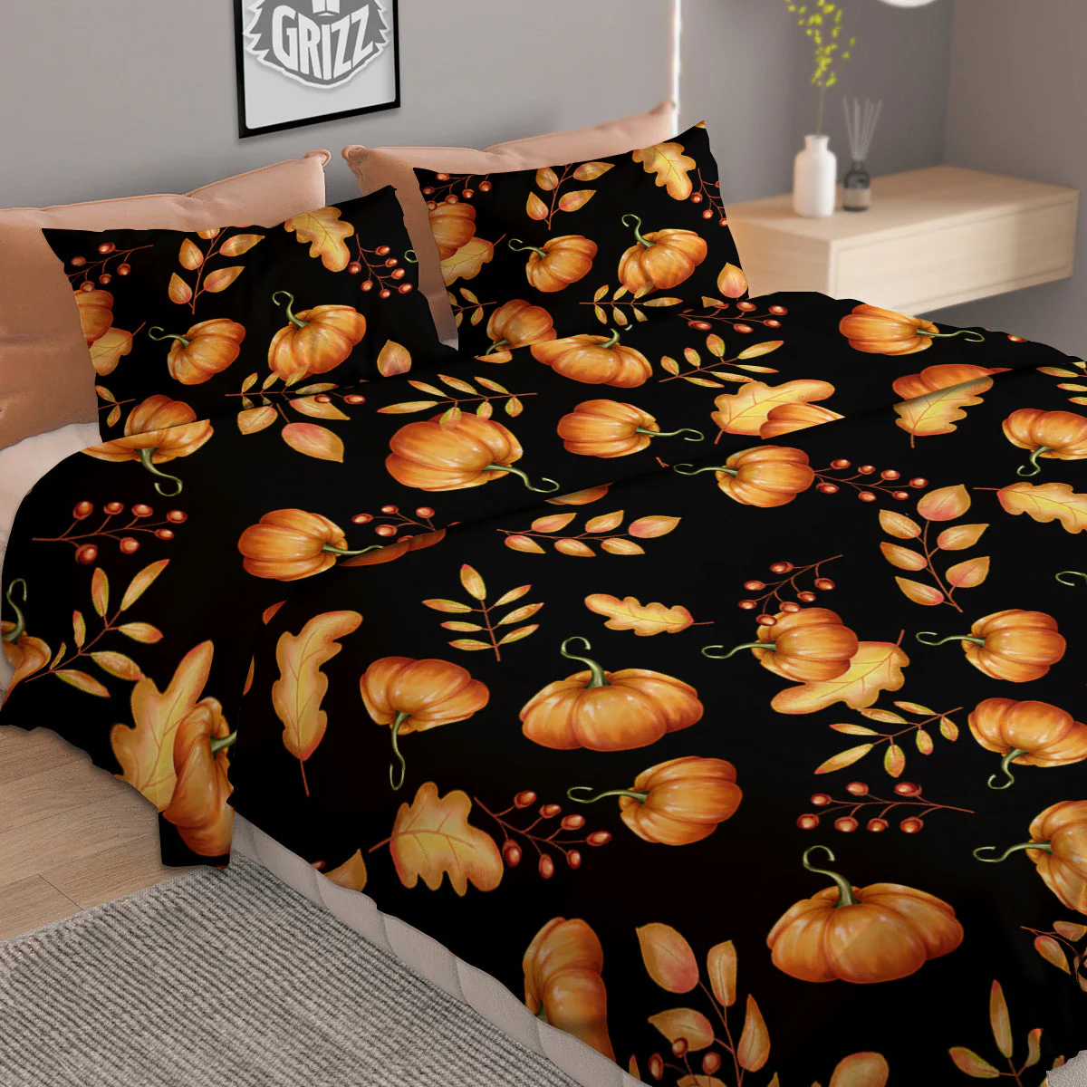 Pumpkin Watercolor Print Pattern Duvet Cover Bedding Set - Image 2