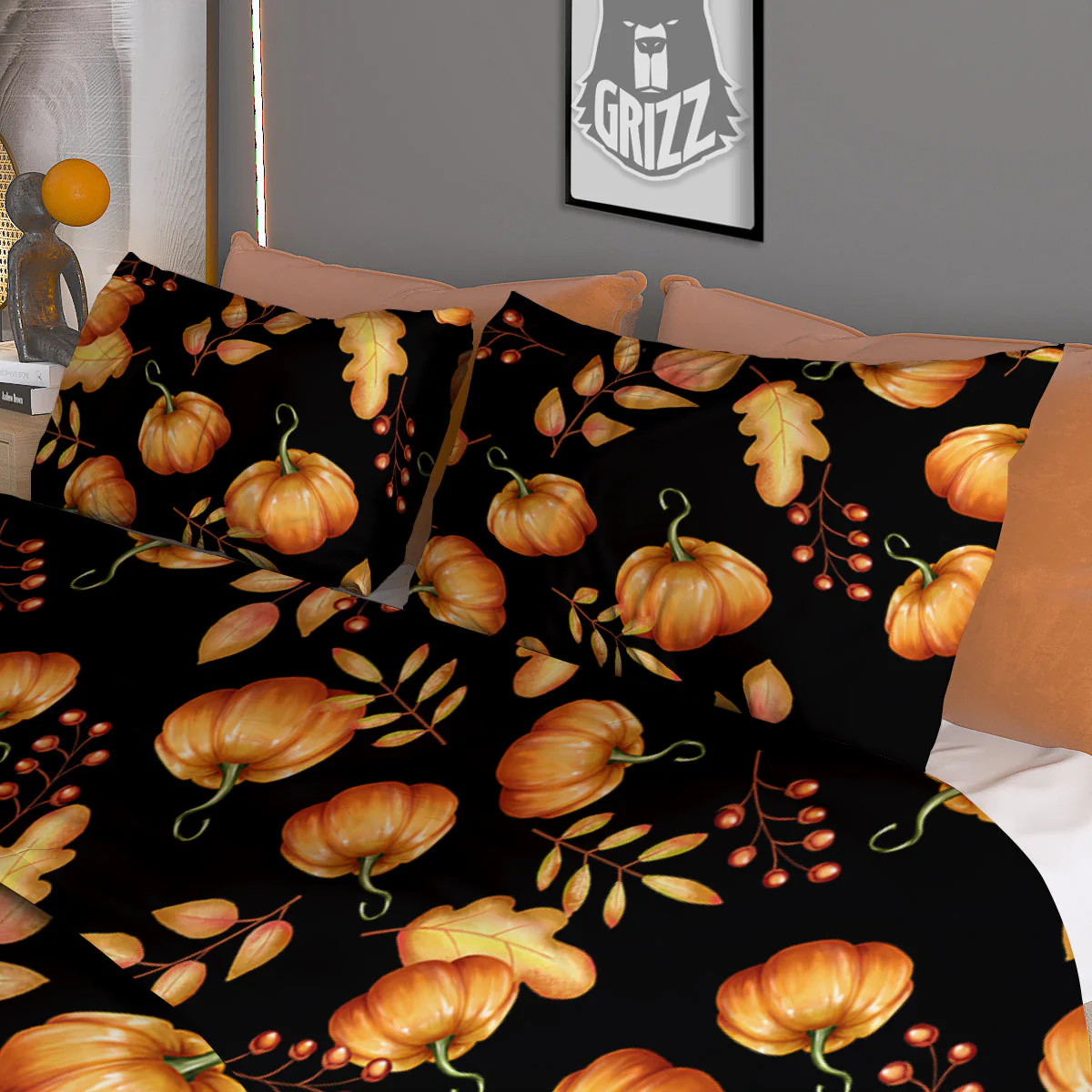 Pumpkin Watercolor Print Pattern Duvet Cover Bedding Set - Image 3