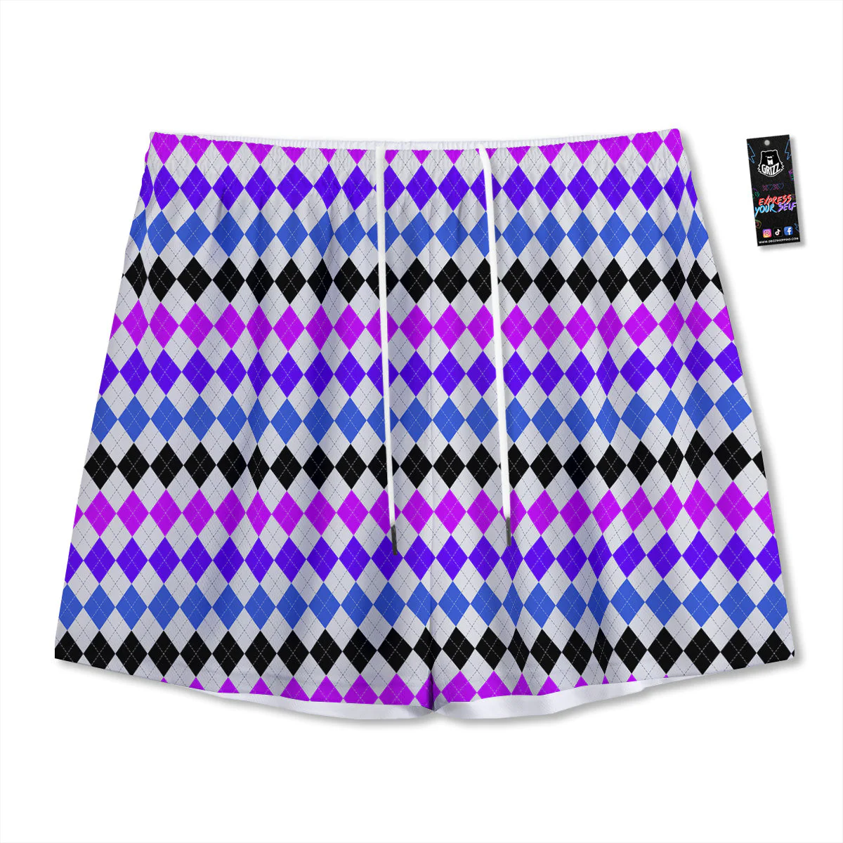 Purple Blue And Black Argyle Print Mesh Shorts