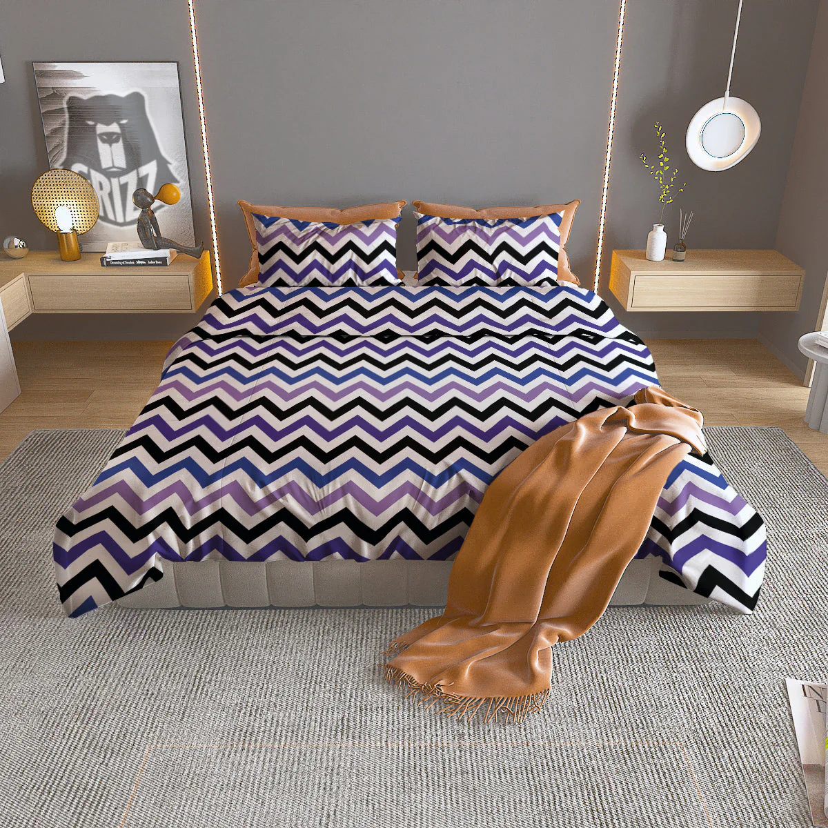 Purple Blue And Black Chevron Print Duvet Cover Bedding Set