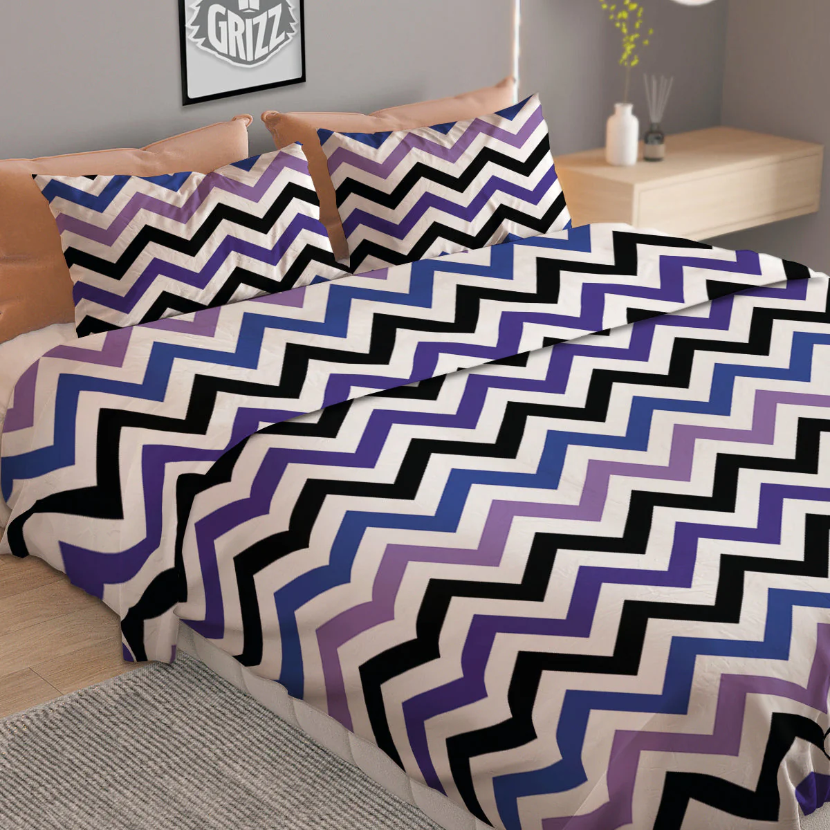 Purple Blue And Black Chevron Print Duvet Cover Bedding Set - Image 2