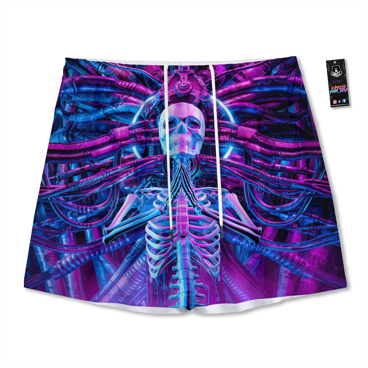 Purple Cyber Skeleton Print Mesh Shorts