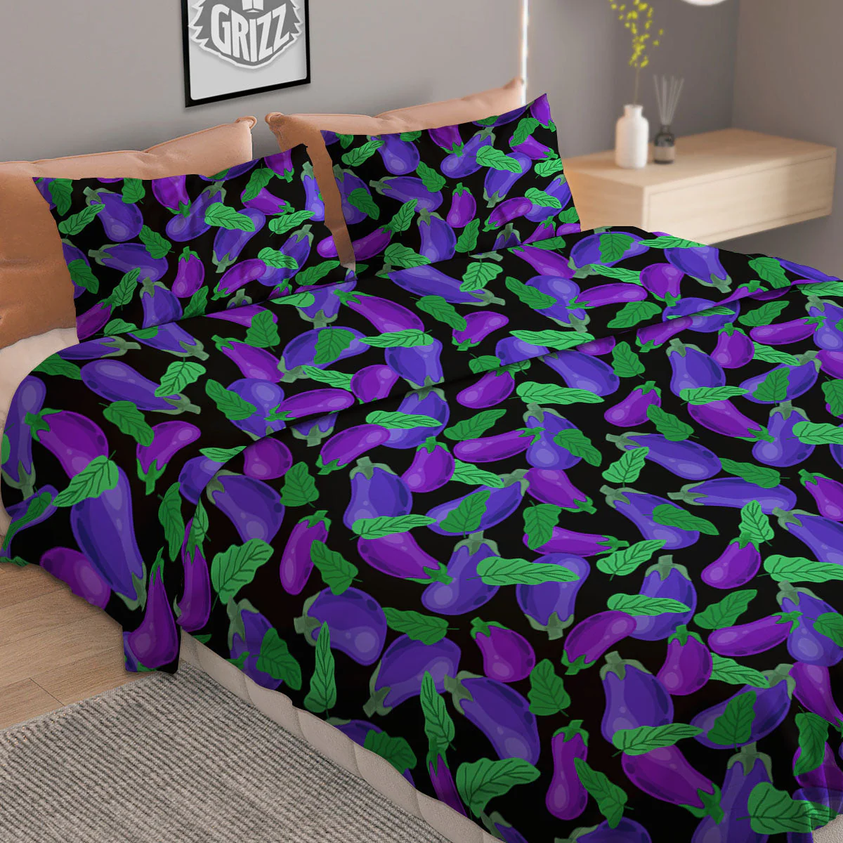 Purple Eggplant Print Pattern Duvet Cover Bedding Set - Image 2