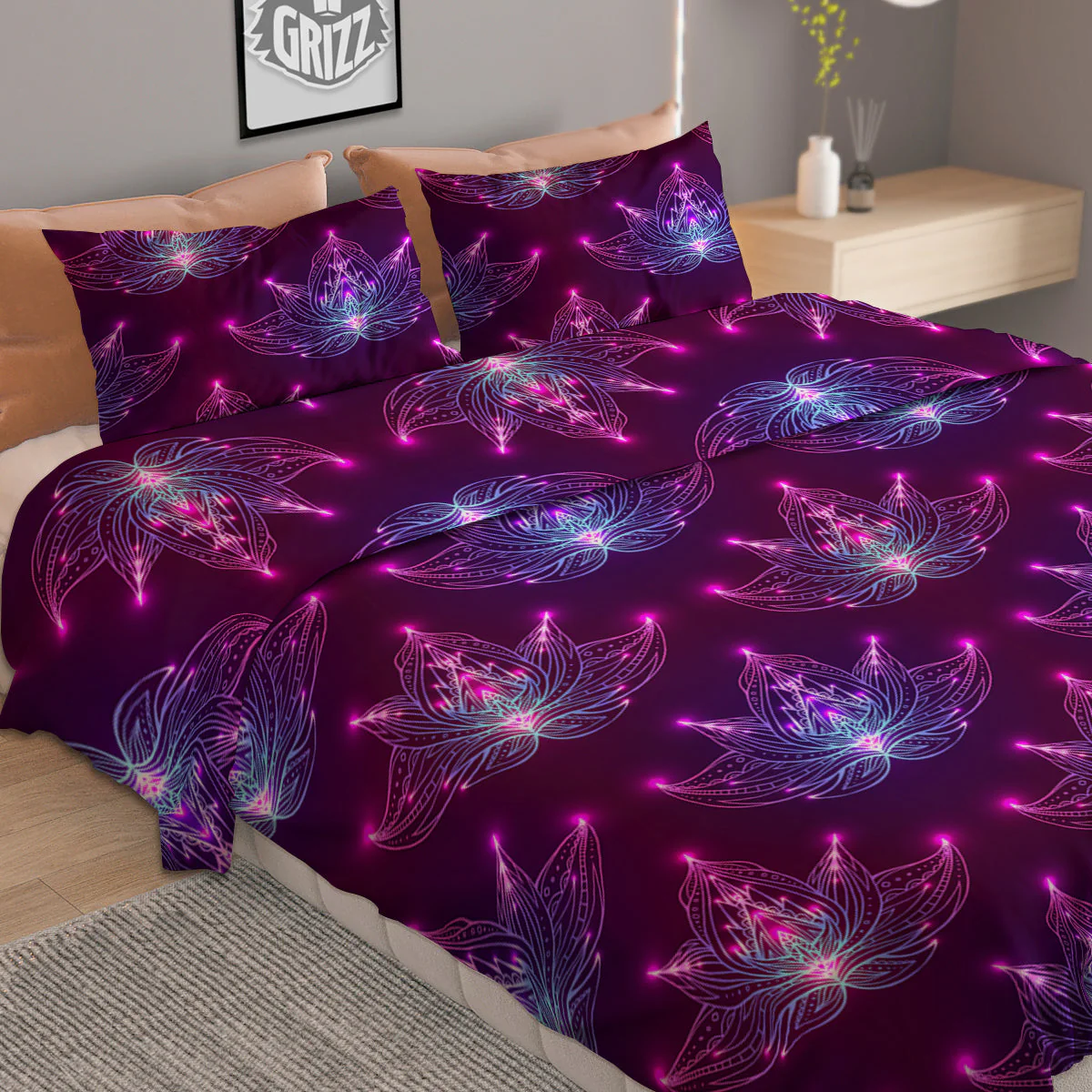 Purple Lotus Boho Print Pattern Duvet Cover Bedding Set - Image 2