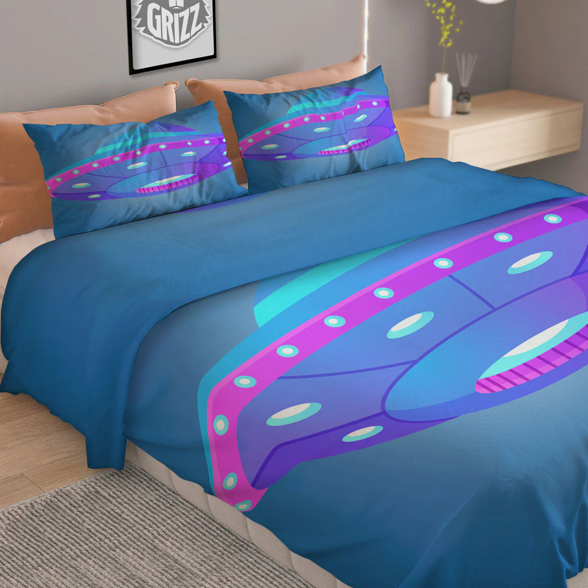 Purple Pink UFO Print Duvet Cover Bedding Set - Image 2