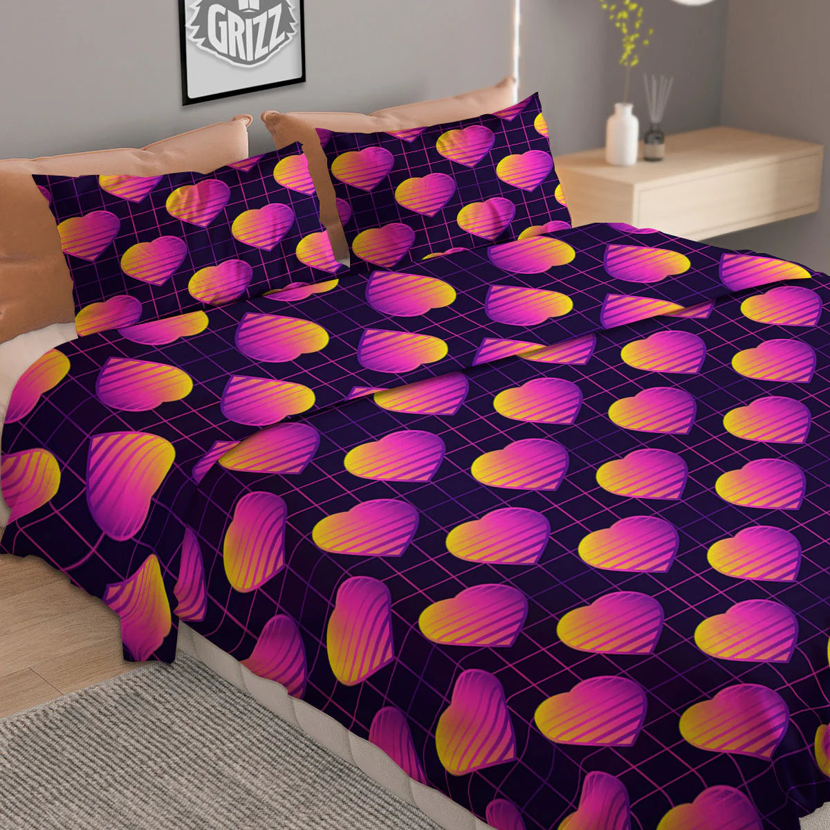 Purple Retro Heart Print Pattern Duvet Cover Bedding Set - Image 2