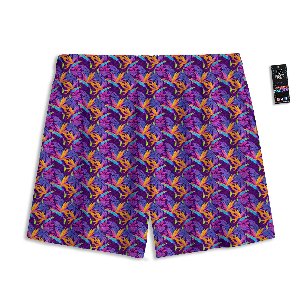 Purple Tropical Leaves Print Pattern Mesh Shorts - Image 2