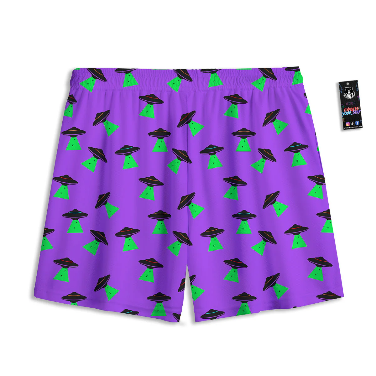Purple UFO Alien Spaceship Print Pattern Mesh Shorts - Image 2