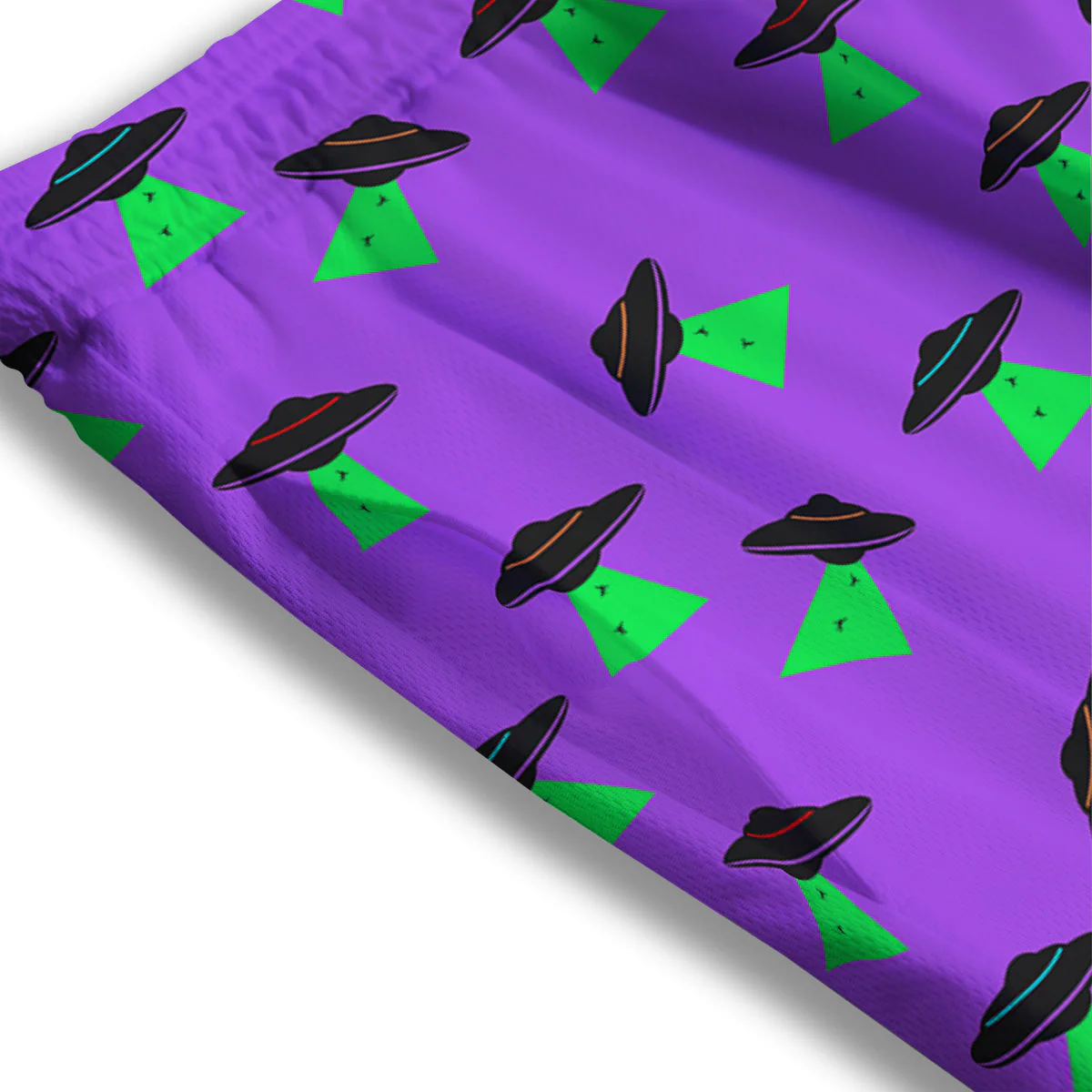 Purple UFO Alien Spaceship Print Pattern Mesh Shorts - Image 3