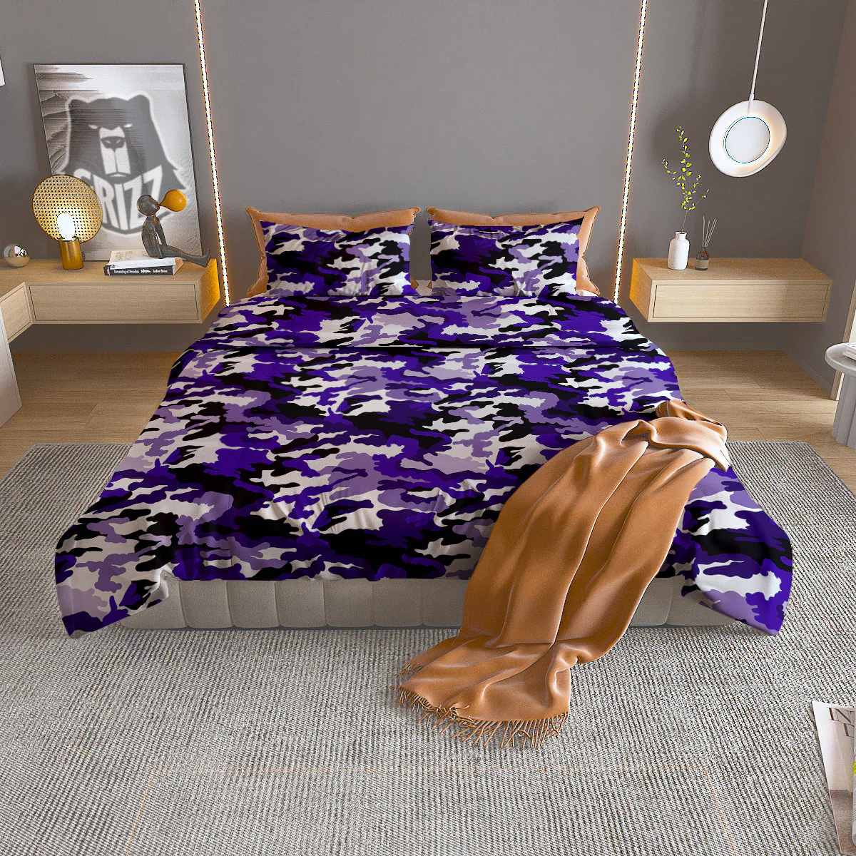 Purple White Abstract Camouflage Print Duvet Cover Bedding Set