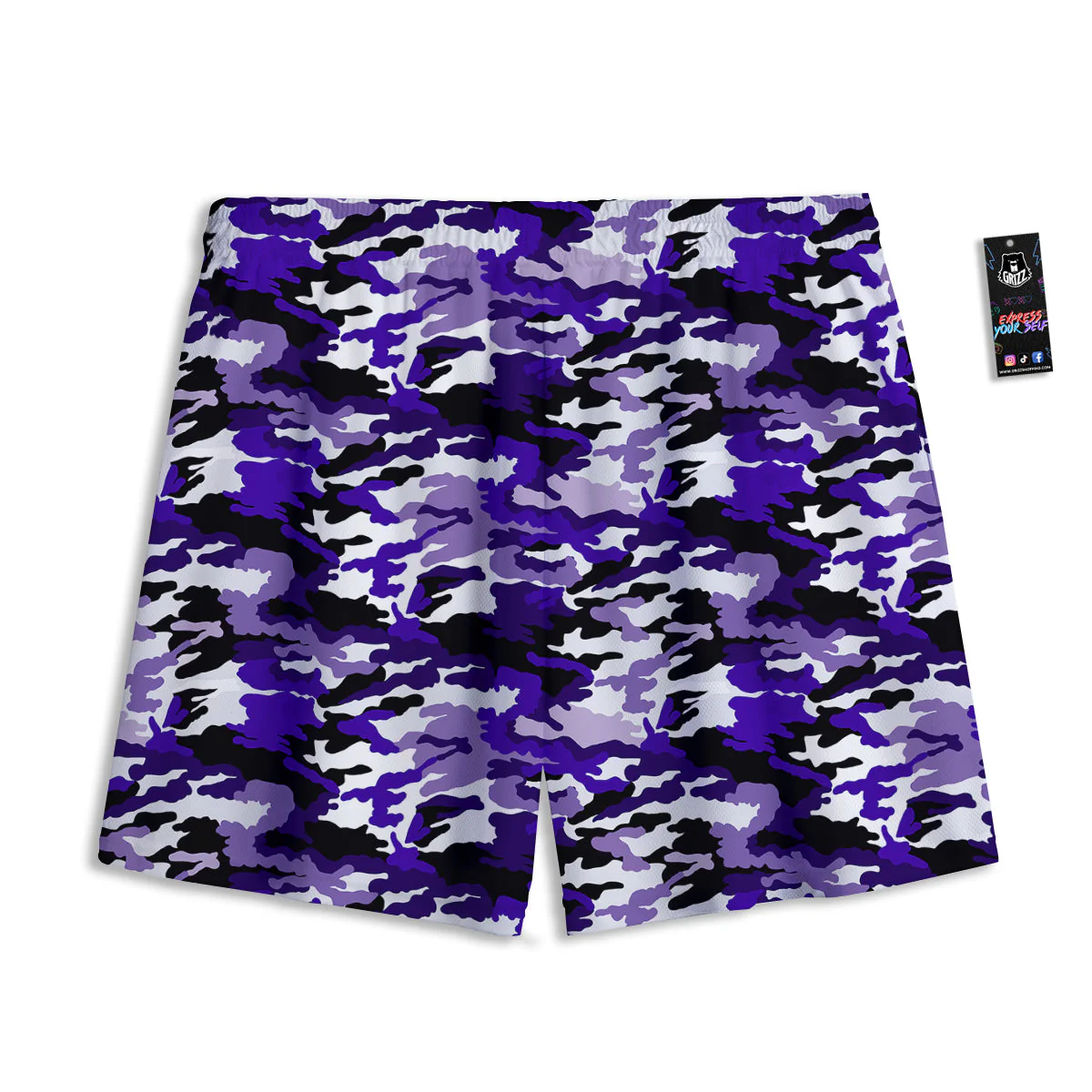 Purple White Abstract Camouflage Print Mesh Shorts - Image 2
