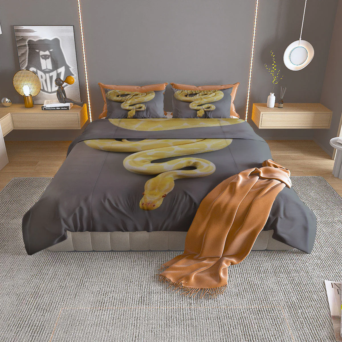 Python Snake Yellow And White Print Duvet Cover Bedding Set