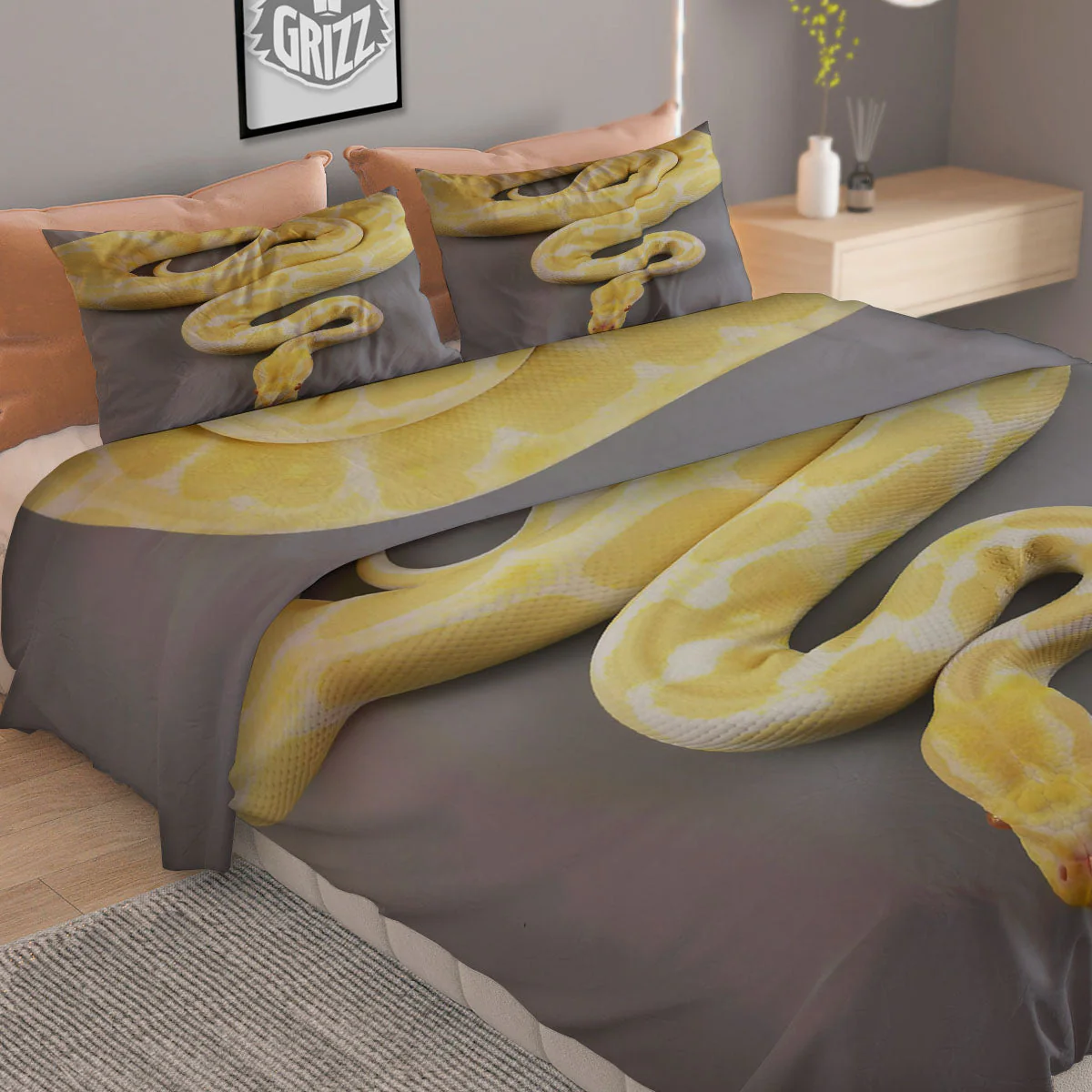 Python Snake Yellow And White Print Duvet Cover Bedding Set - Image 2