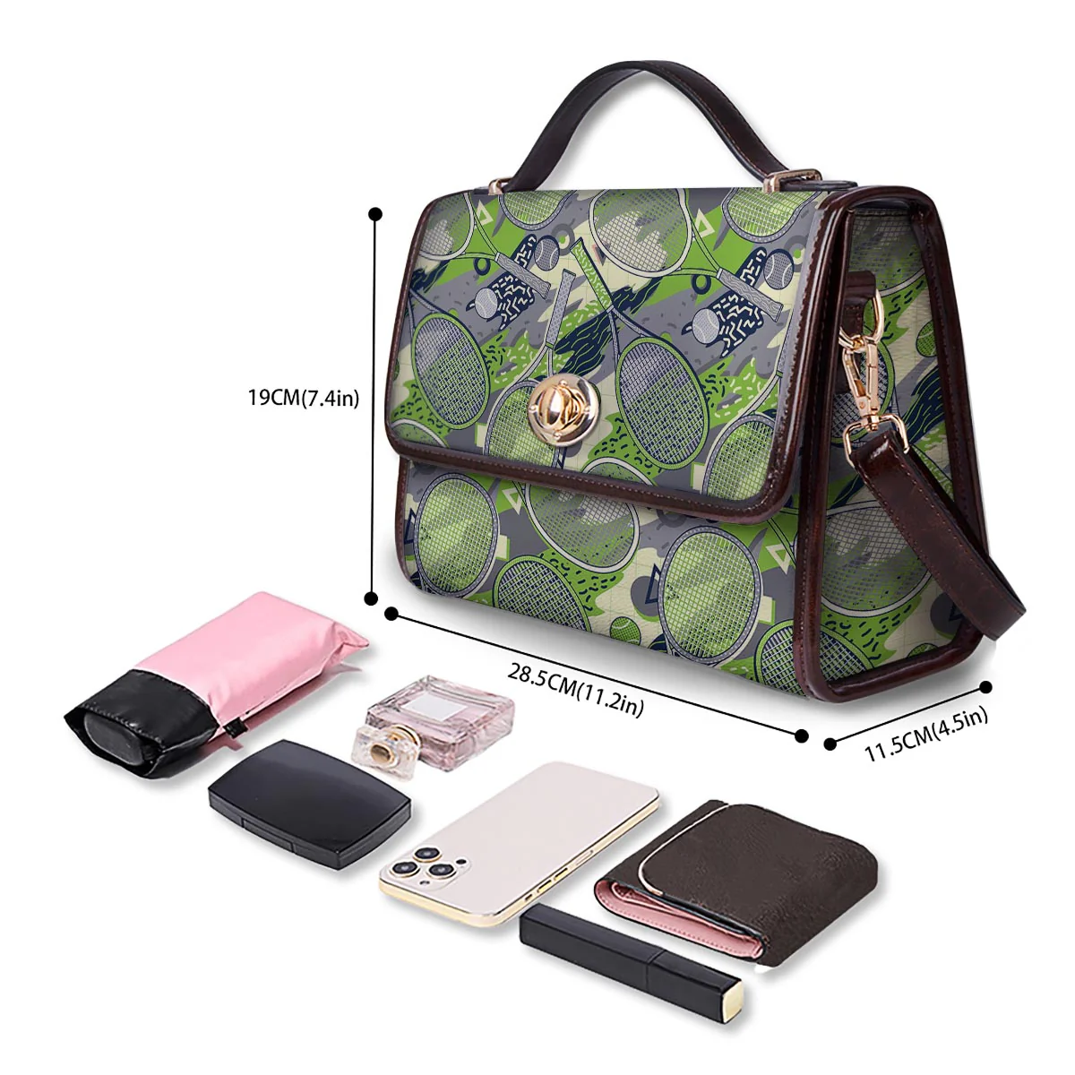 Racket And Tennis Ball Print Pattern Women's Satchel Bag - Image 4