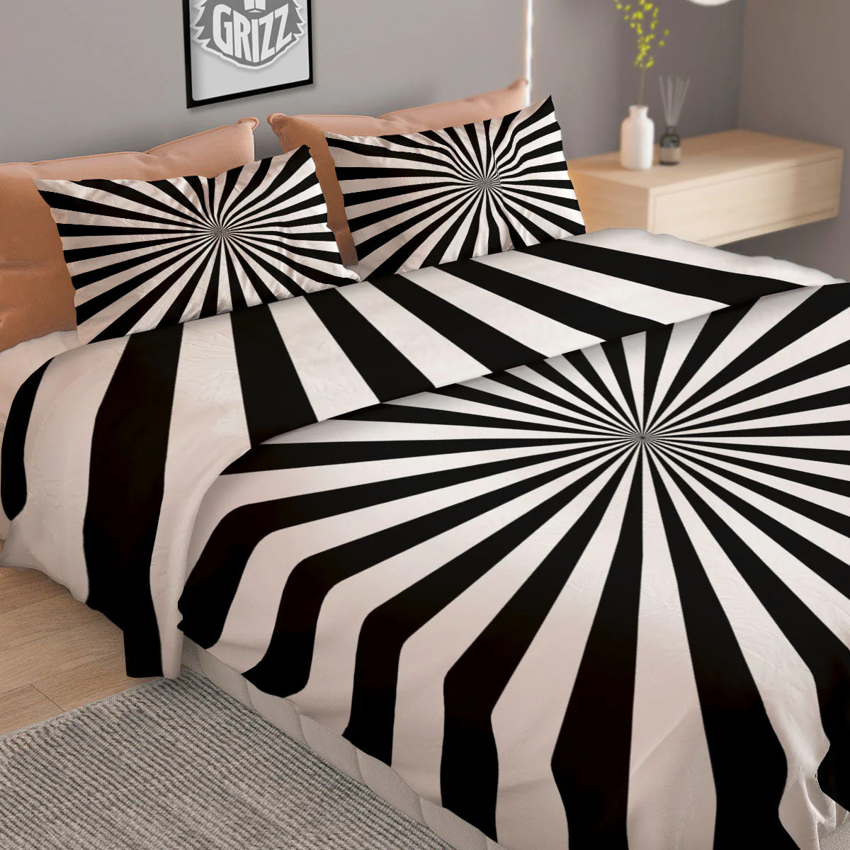 Radial Rays White And Black Print Duvet Cover Bedding Set - Image 2