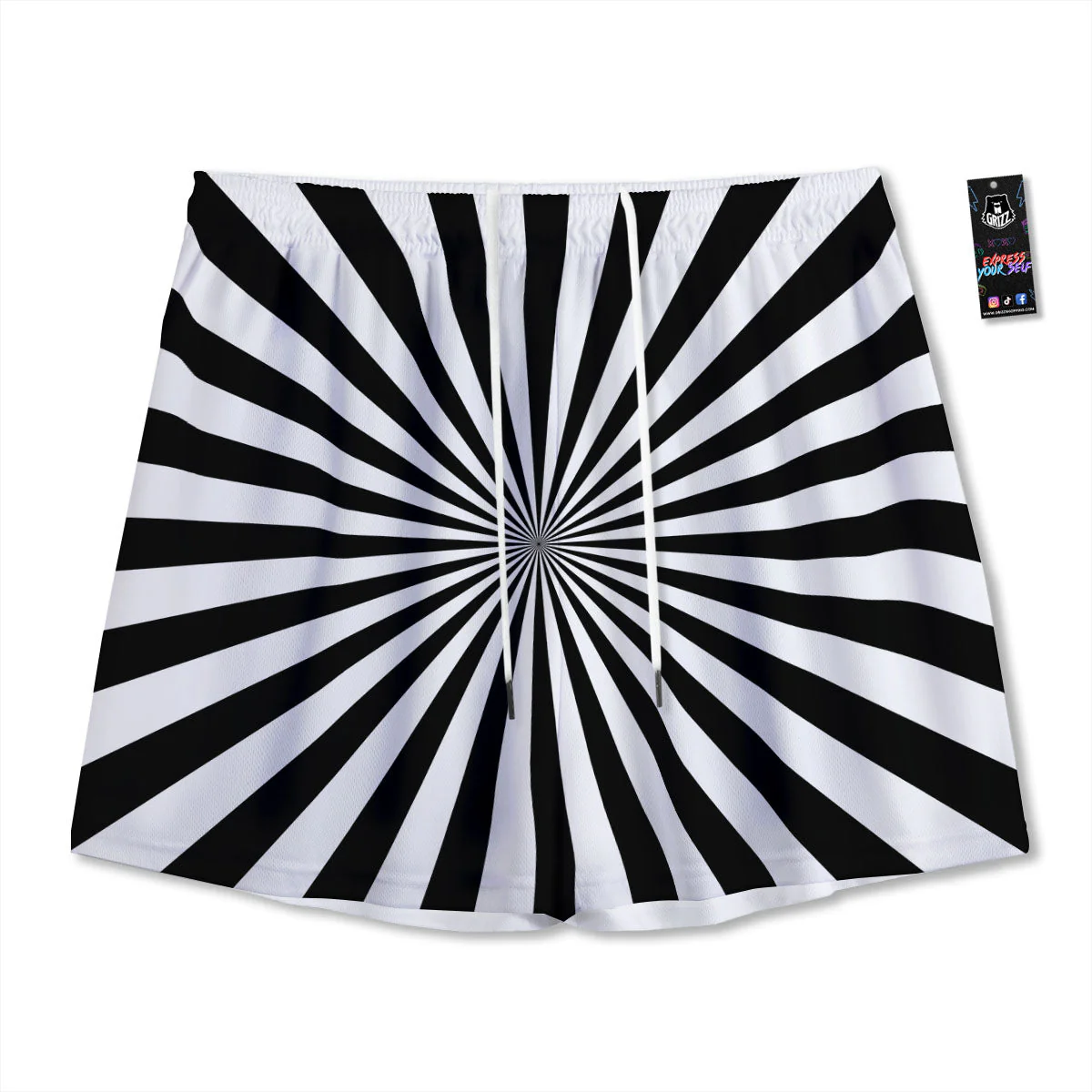 Radial Rays White And Black Print Mesh Shorts