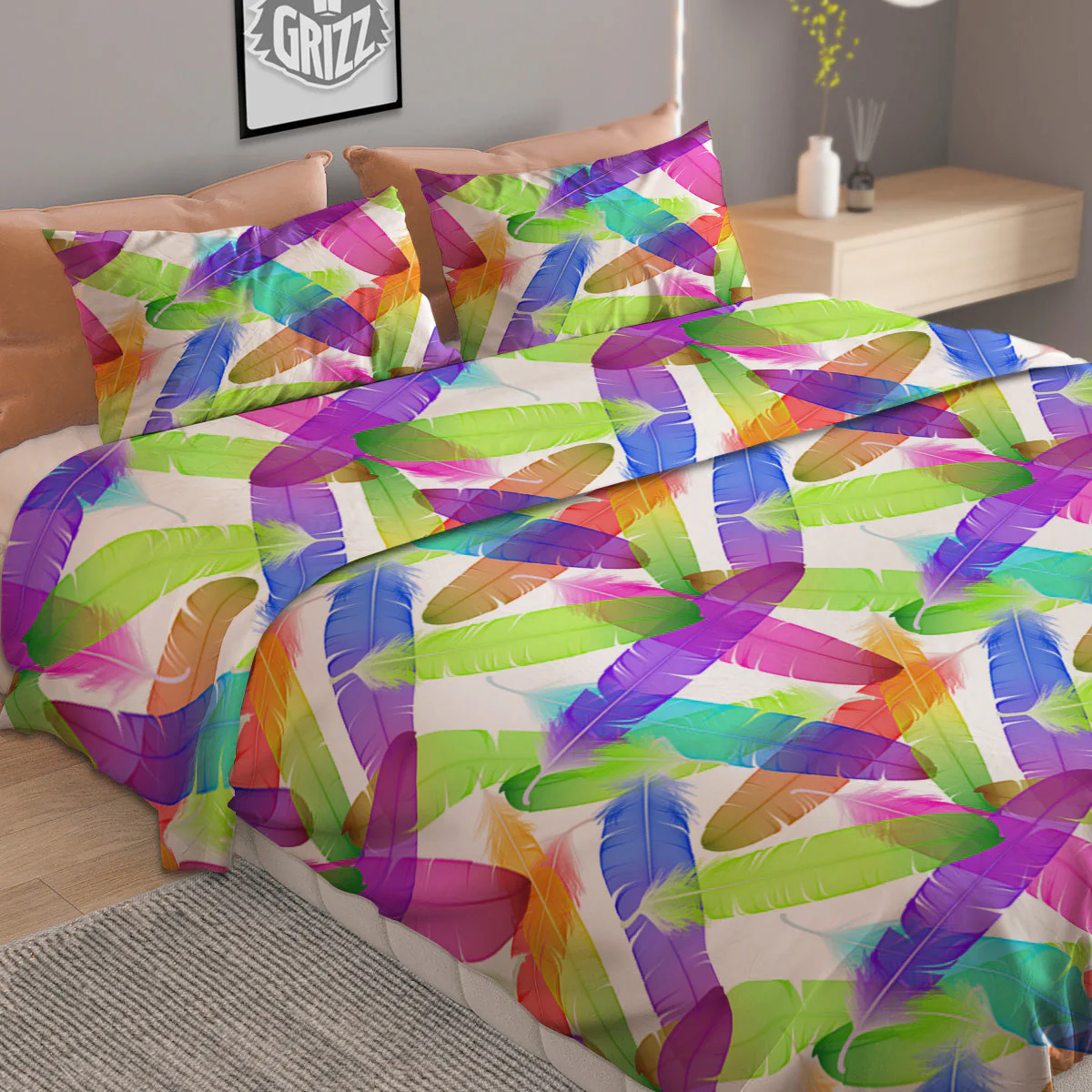 Rainbow Color Feather Print Pattern Duvet Cover Bedding Set - Image 2