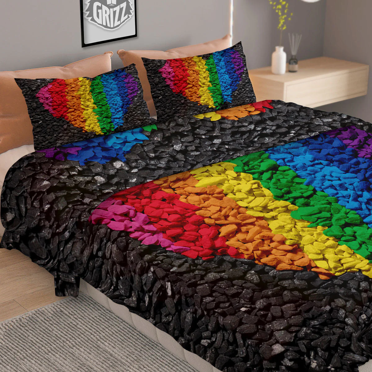 Rainbow Heart Stones LGBT Pride Print Duvet Cover Bedding Set - Image 2