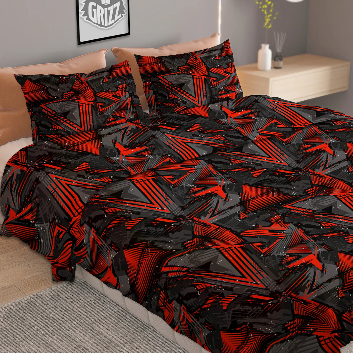 Red Abstract Grunge Print Pattern Duvet Cover Bedding Set - Image 2