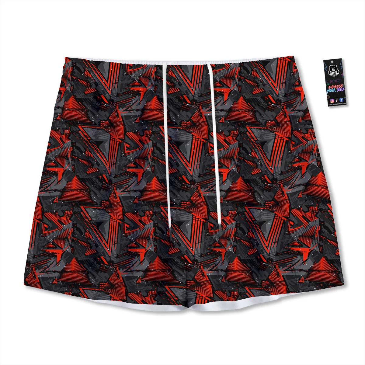 Red Abstract Grunge Print Pattern Mesh Shorts