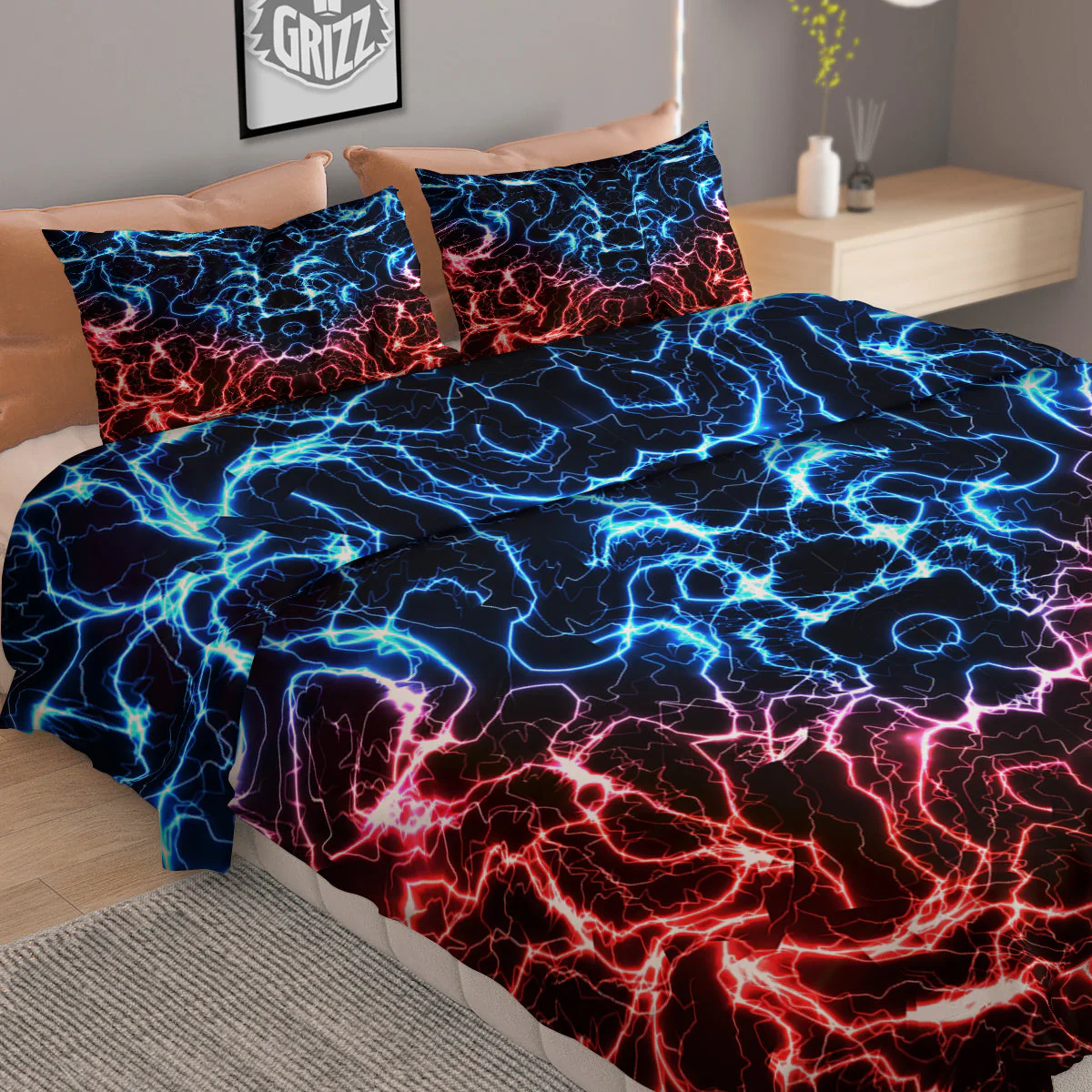 Red And Blue Electrical Print Duvet Cover Bedding Set - Image 2