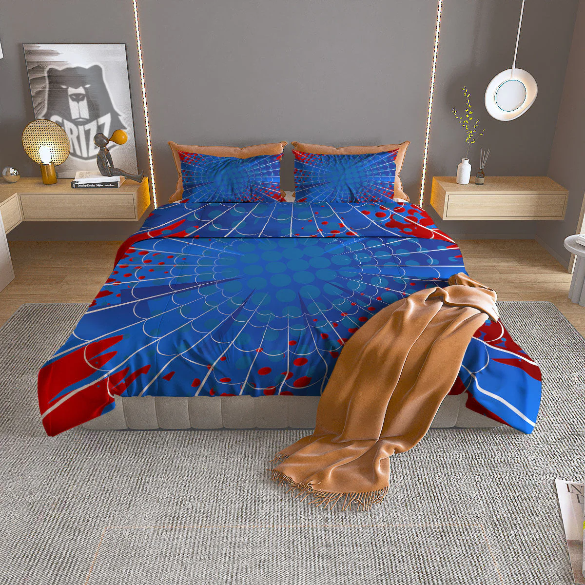 Red And Blue Spider Web Cartoon Print Duvet Cover Bedding Set
