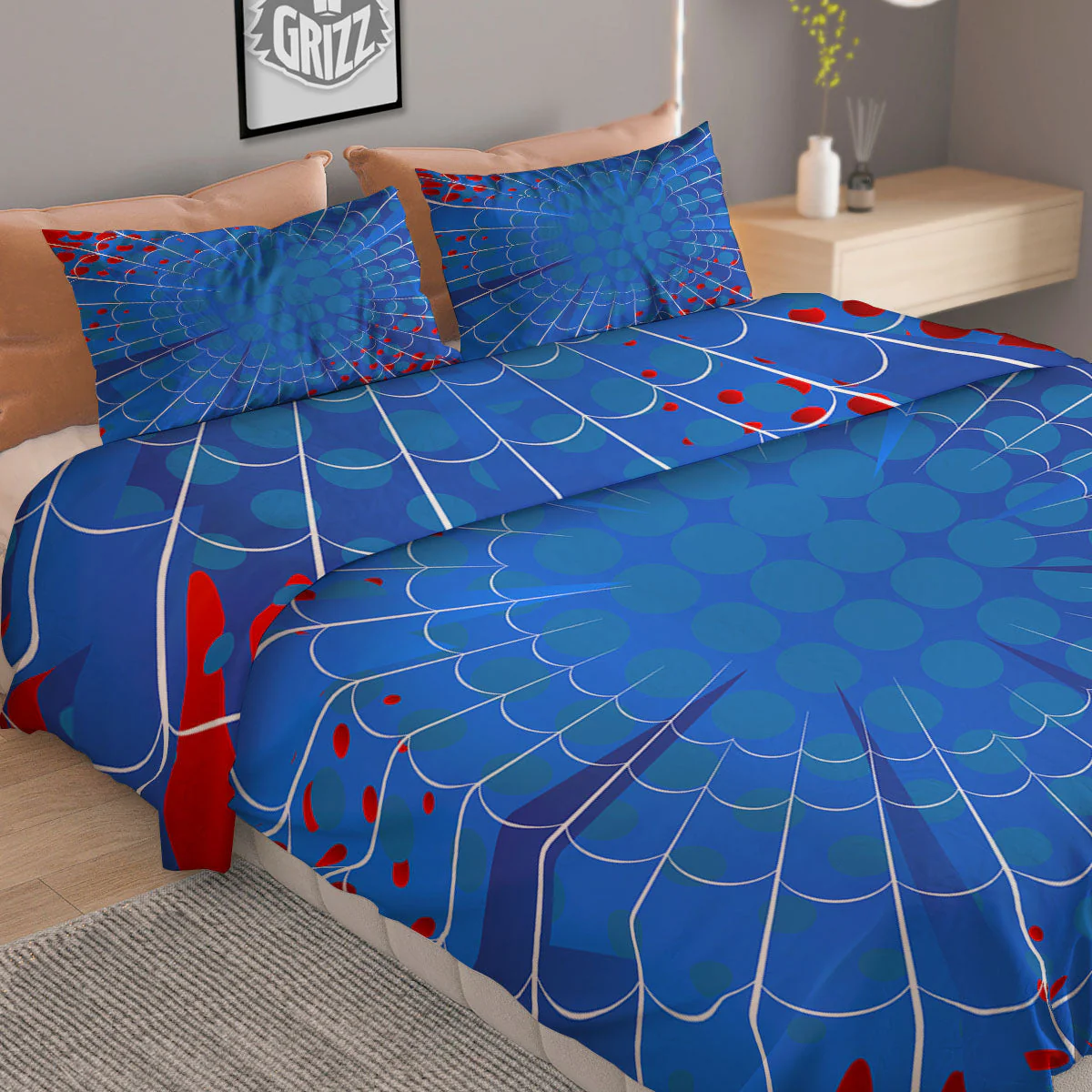 Red And Blue Spider Web Cartoon Print Duvet Cover Bedding Set - Image 2